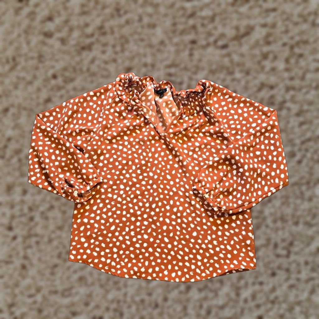J.Crew J.CREW Blouse Womens Size M Brown White V Neck Dotted Geometric Relaxed Fit Capsule Long Sleeve Size M / US 6-8 / IT 42-44 - 1 Thumbnail