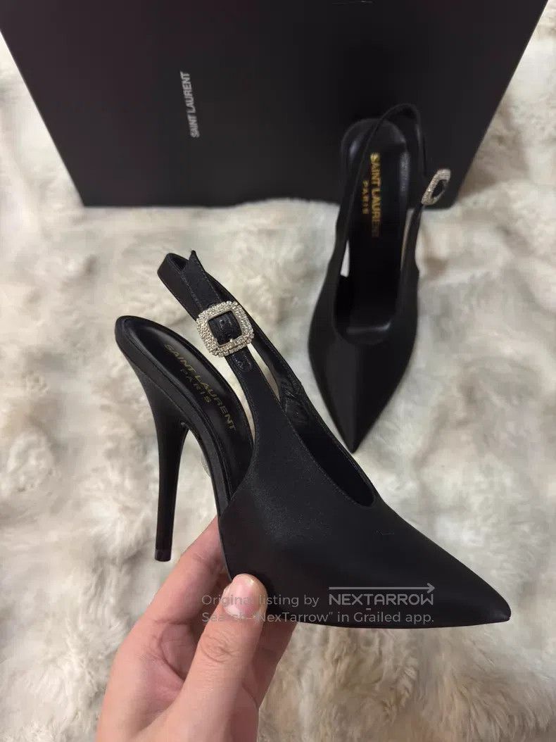 Saint Laurent Paris Saint Laurent Paris Black Crystal Satin High Heels Size US 5.5 / IT 35.5 - 4 Thumbnail