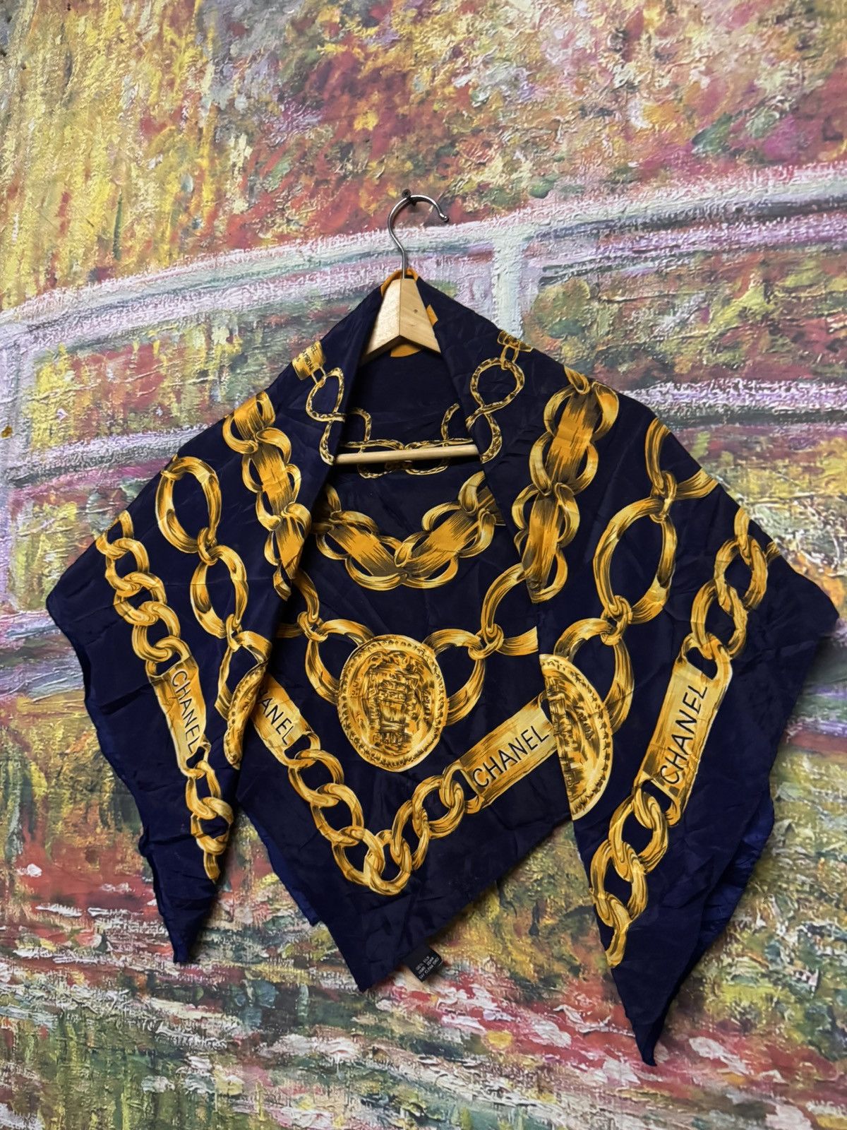 Chanel Authentic CHANEL navy gold slik scarf Size 34 - 3 Thumbnail