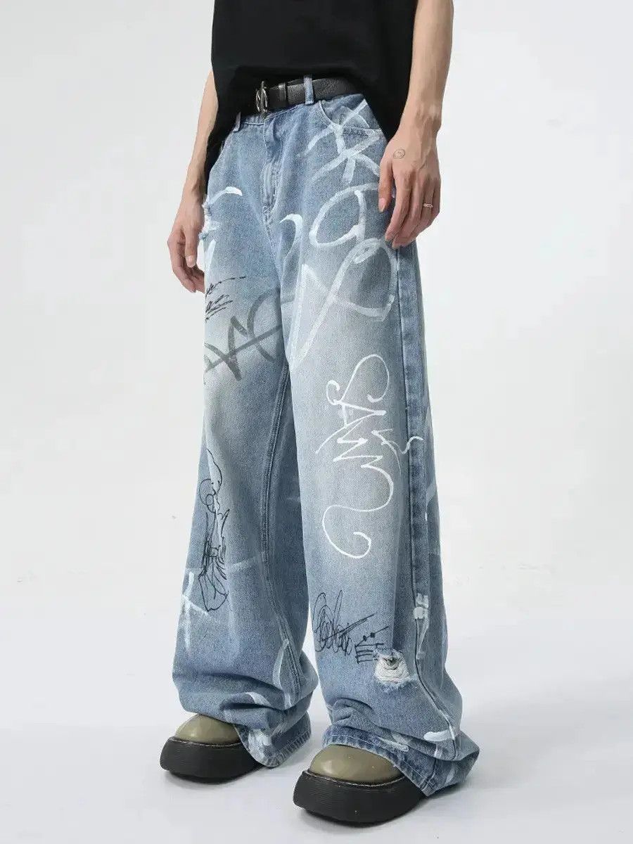 Japanese Brand Retro high street graffiti straight leg jeans Size US 32 / EU 48 - 3 Thumbnail
