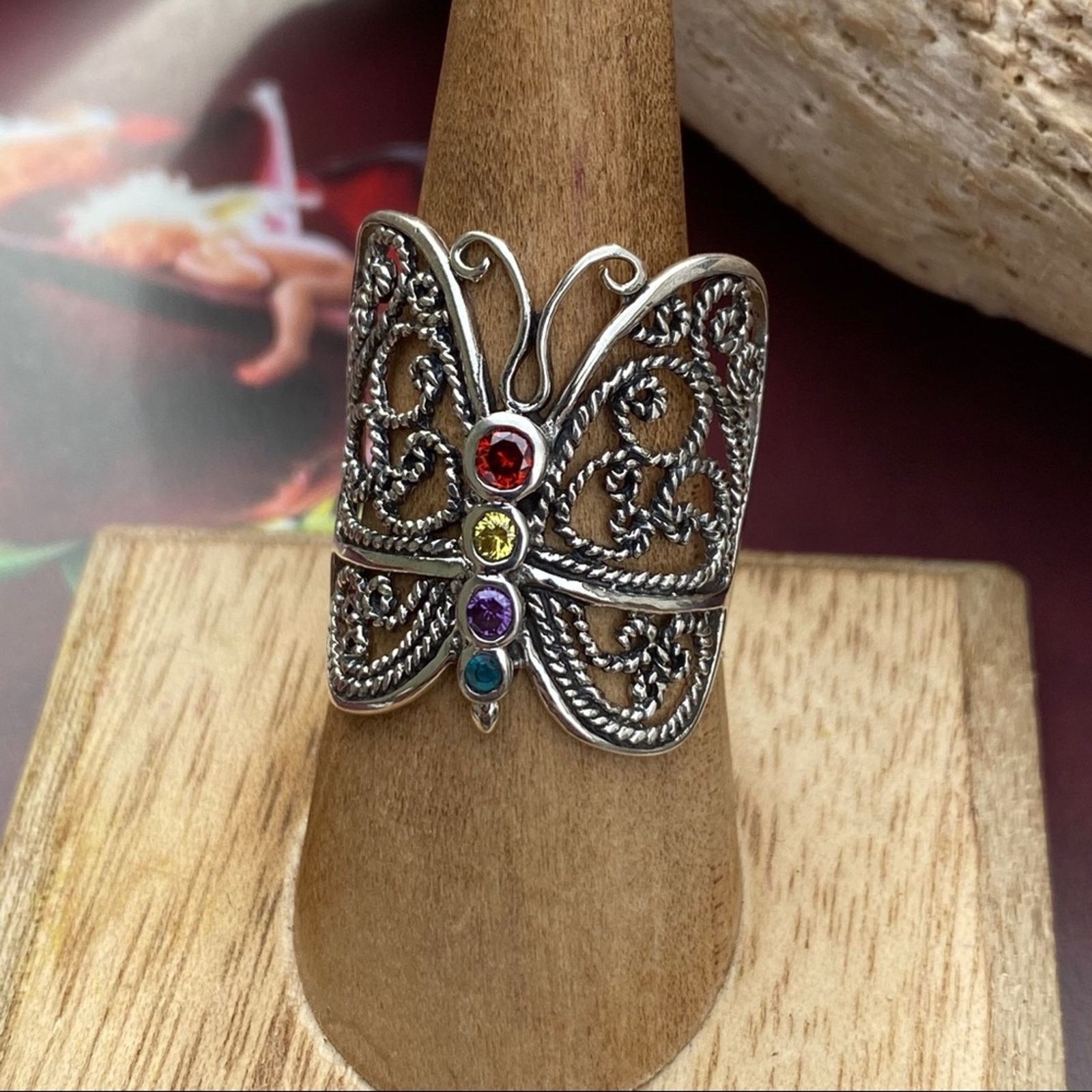 The Unbranded Brand Sterling Silver Filigree CZ Butterfly Ring Size ONE SIZE - 2 Thumbnail