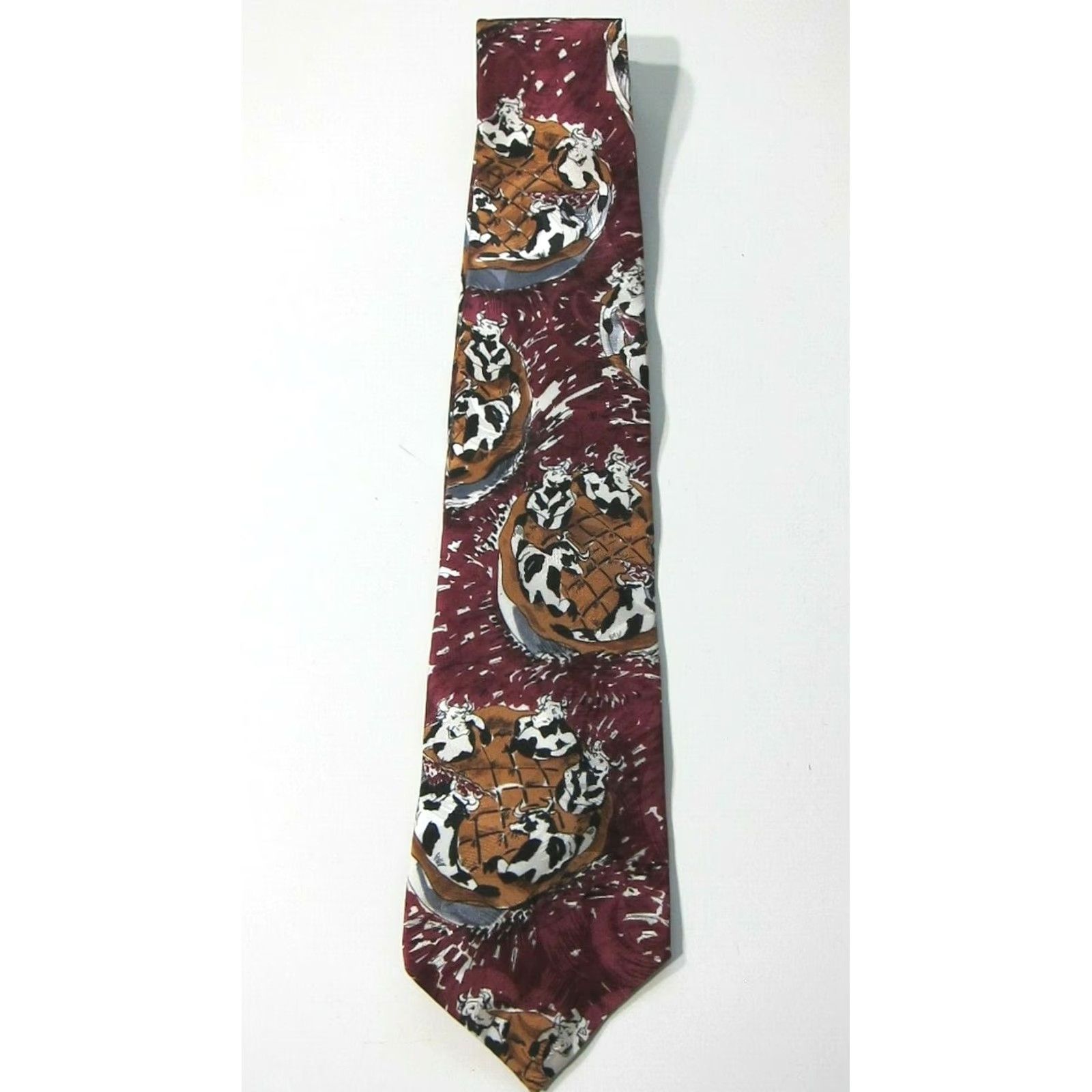 Halston VINTAGE Halston III 100% Silk Maroon Brown Black White Cow Pie Classic Tie Mens Tie Size ONE SIZE - 3 Thumbnail
