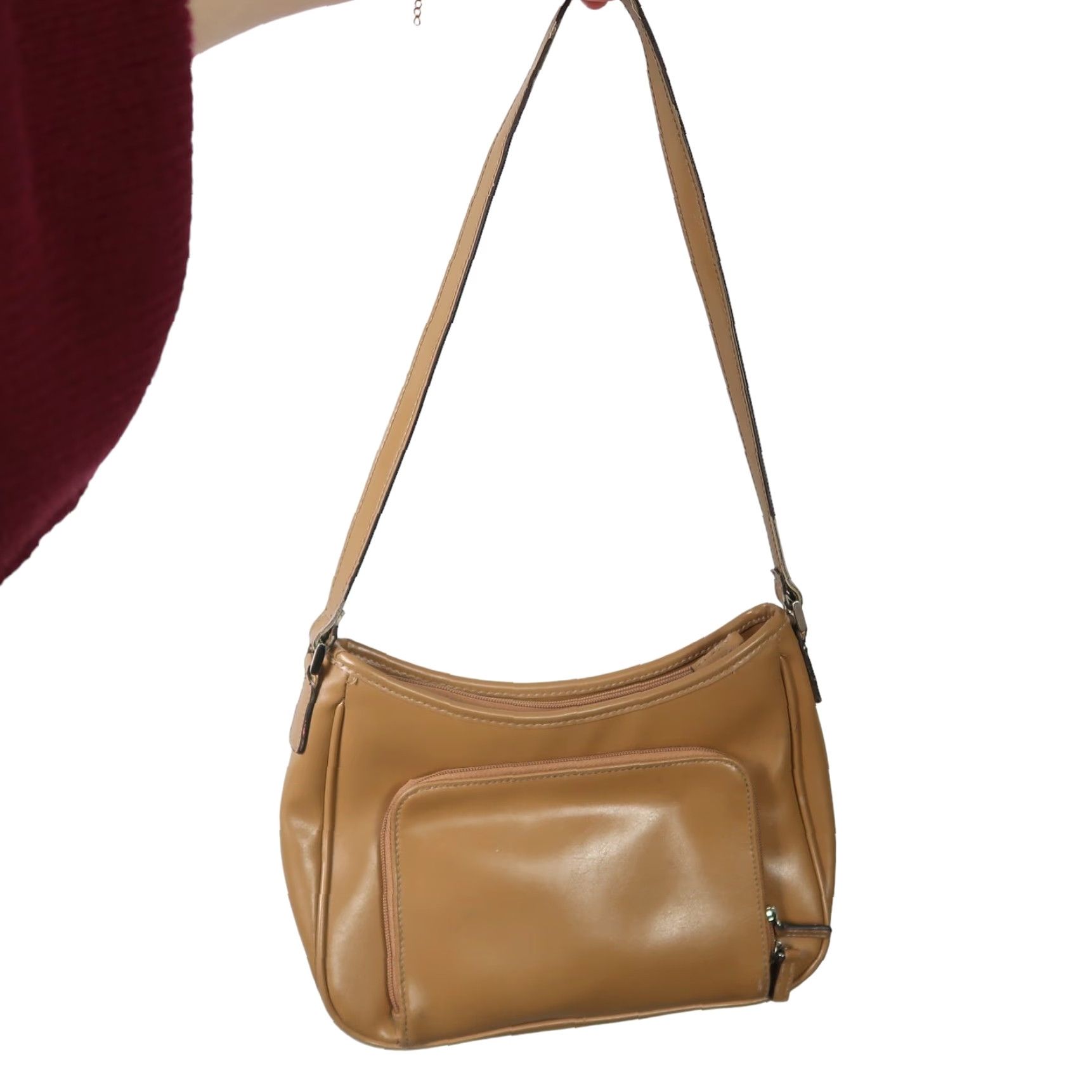 Liz Claiborne VINTAGE Liz Claiborne Crazy Horse tan faux leather Shoulder Bag Purse Small Women zipper 11" length 7" height 3" width Size ONE SIZE - 2 Thumbnail