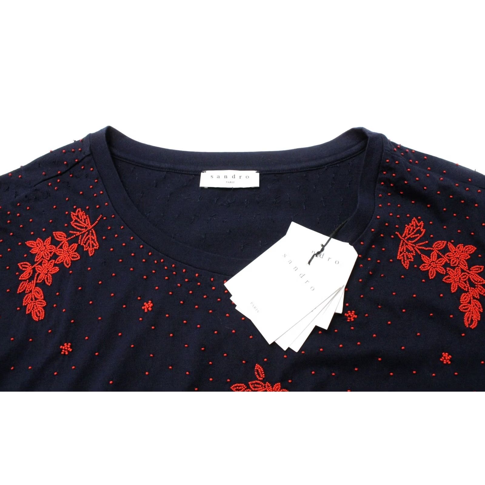 Sandro Sandro Anemone T-Shirt Women's SMALL Short Sleeve Beads Embroidered Blue Size S / US 4 / IT 40 - 4 Thumbnail
