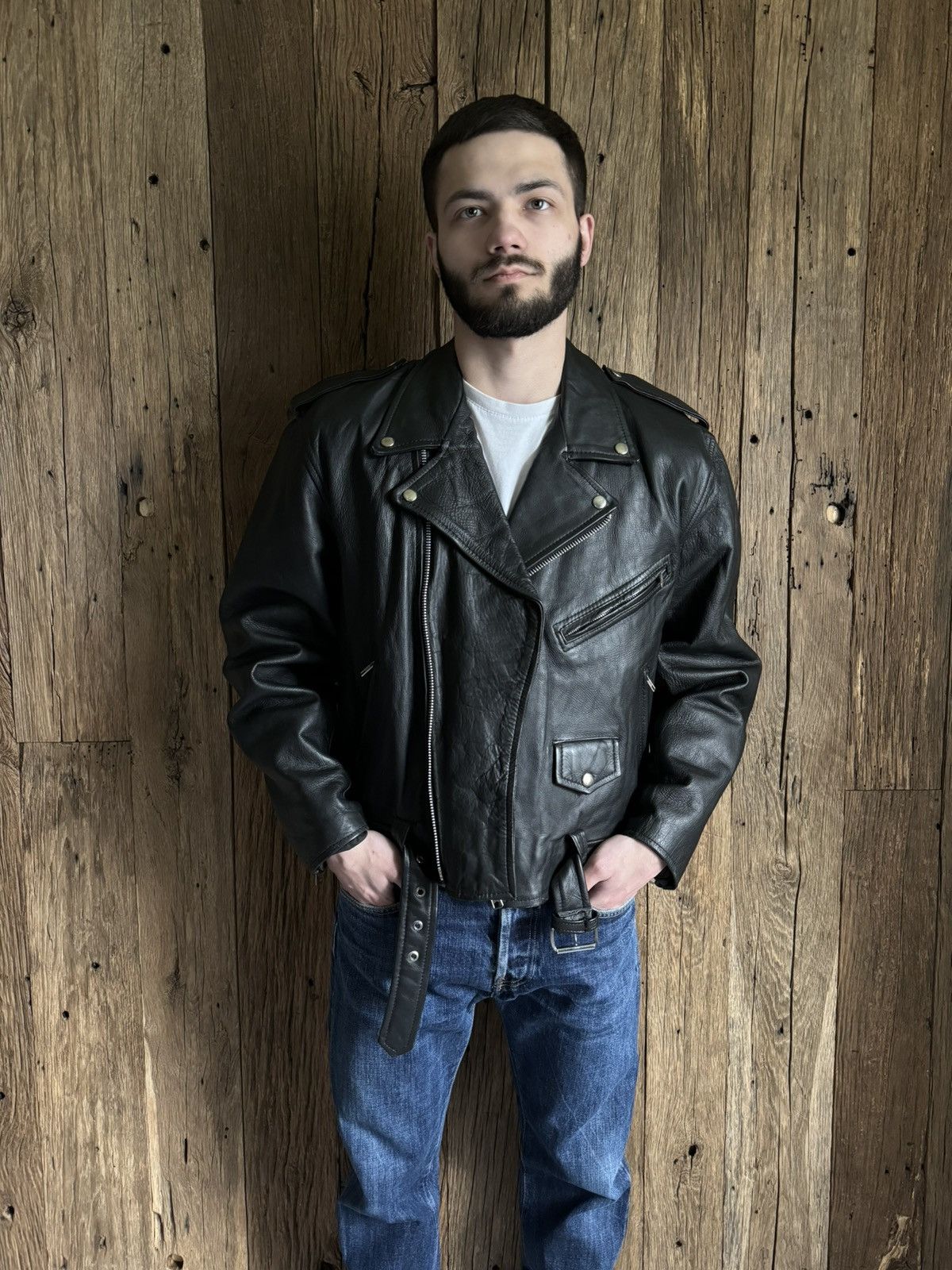 Genuine Leather × Vintage Vintage 90s Ramones Style Biker Leather Jacket Size US S / EU 44-46 / 1 - 1 Thumbnail