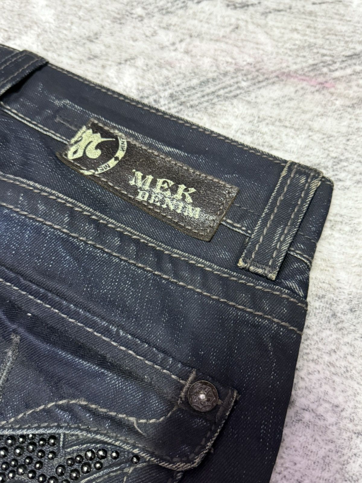 Japanese Brand × Mek Denim Mek Denim Wax Coated Studded Vegas Boot Cut Flared Jeans Size US 30 / EU 46 - 19 Thumbnail