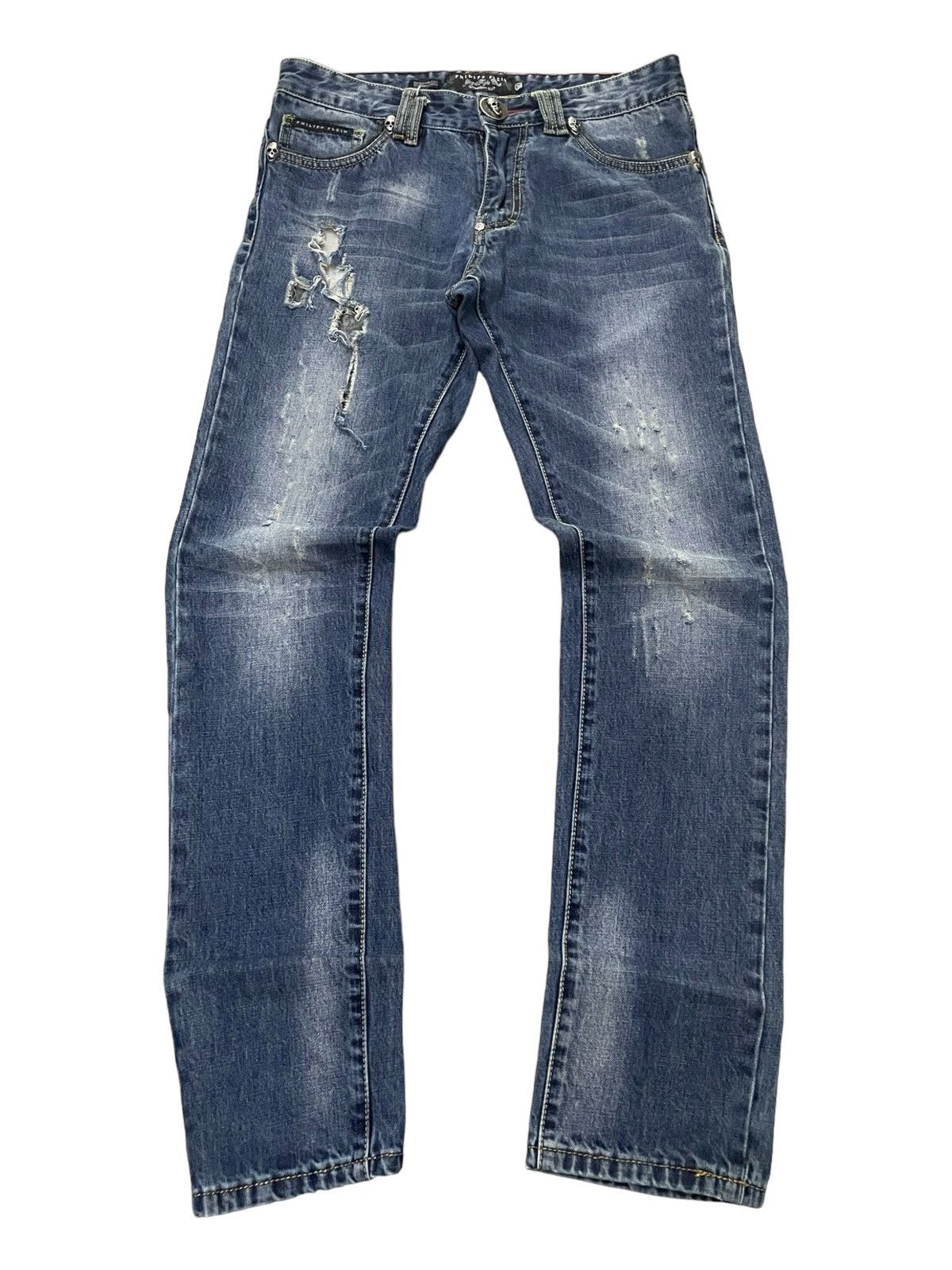 Hysteric Glamour × Philipp Plein Philip Plein Skull Embossed Crash Distressed Straight Jeans Size US 30 / EU 46 - 2 Thumbnail