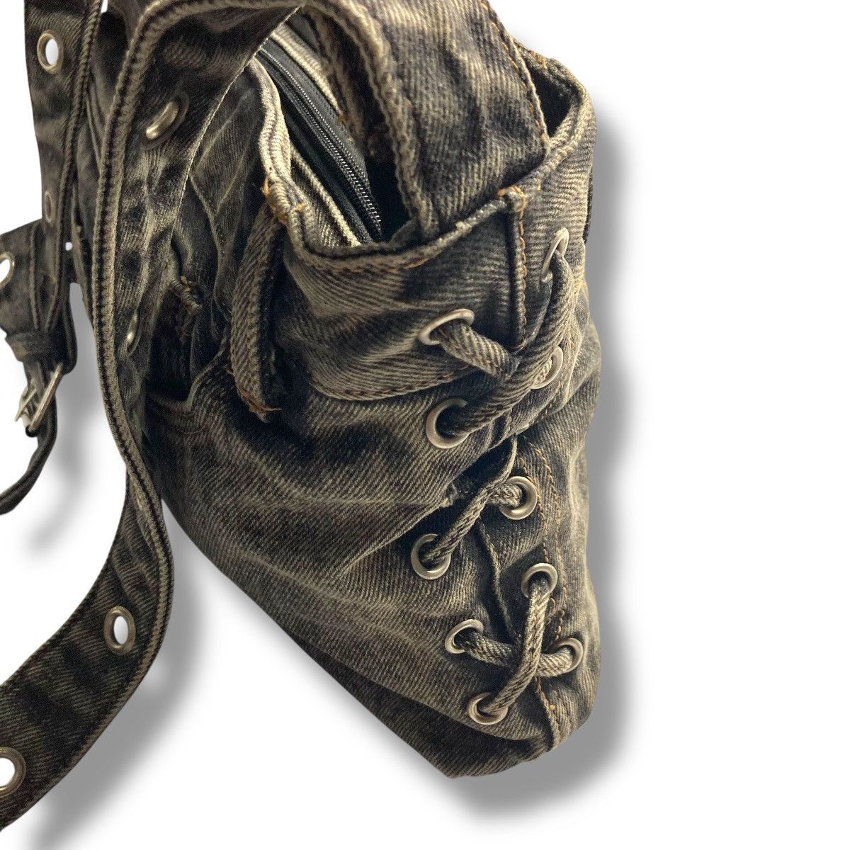 Le Grande Bleu (L.G.B.) Y2K HANDMADE 9 POCKETS LACE UP WASHED DENIM SLING BAG Size ONE SIZE - 8 Thumbnail