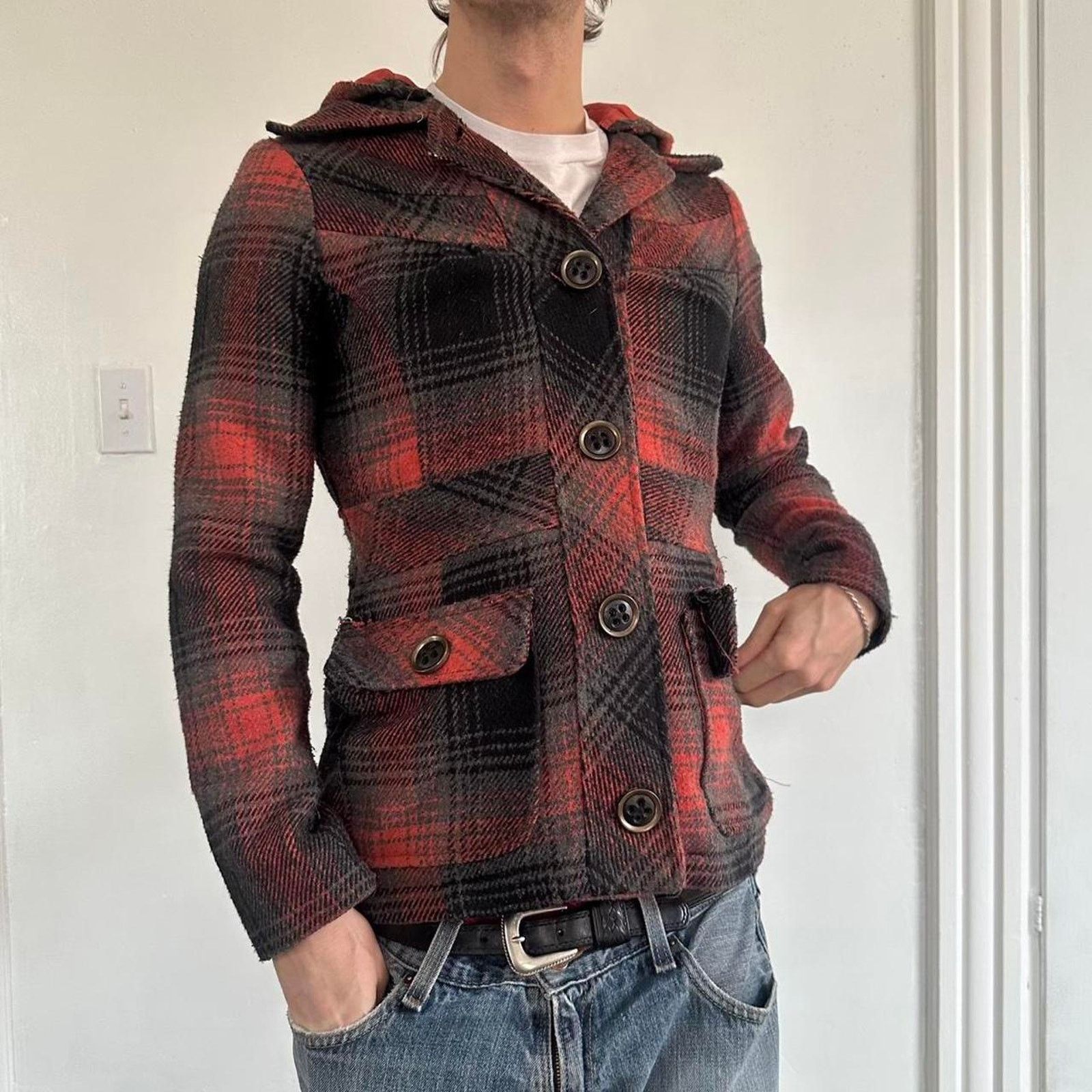 BKE × Vintage Vintage Y2K BKE Red Plaid Hooded Wool Peacoat Blazer Jacket Size M / US 6-8 / IT 42-44 - 6 Thumbnail