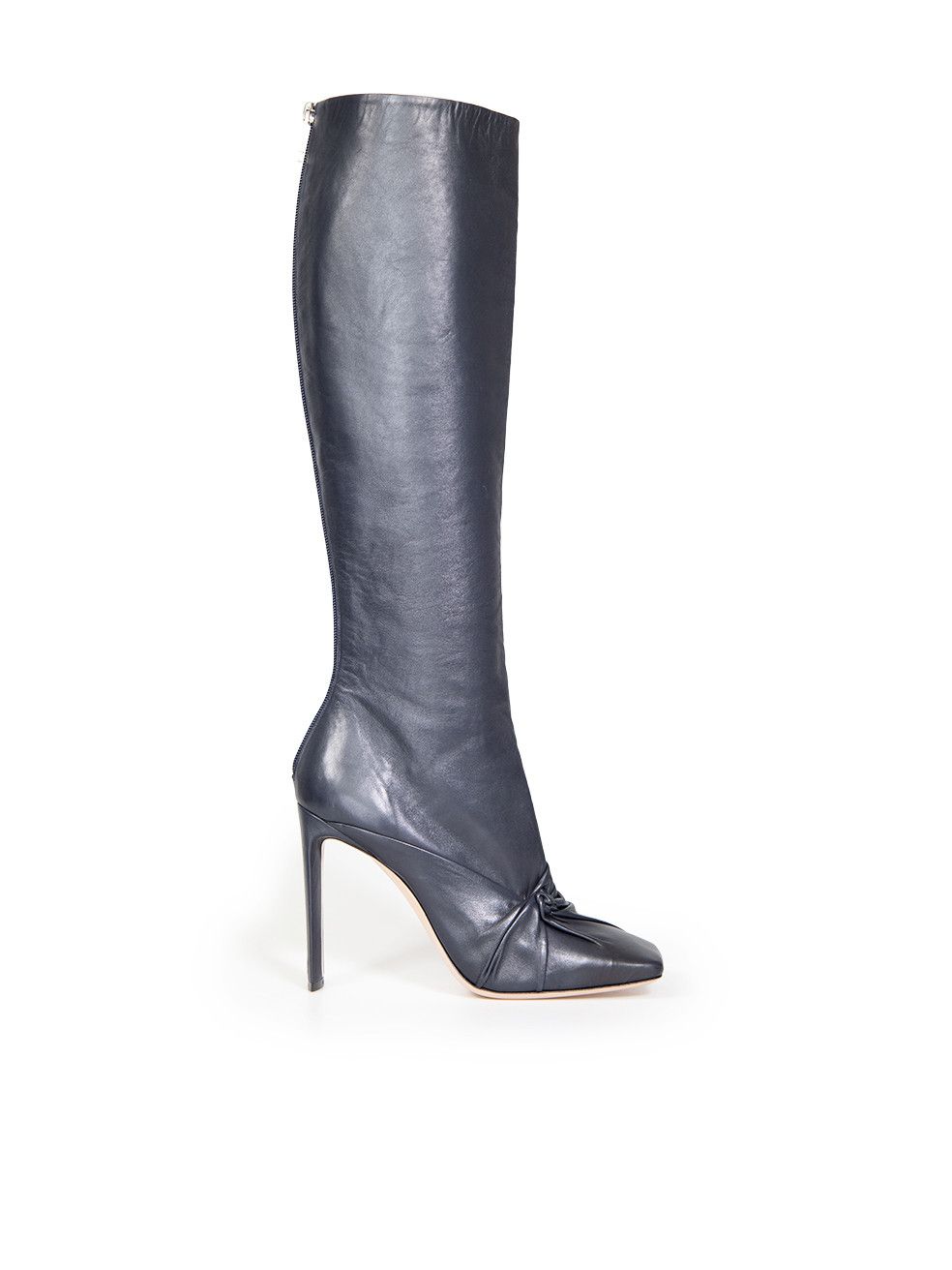 image of Giorgio Armani Navy Leather Ruched Detail Boots, Women's (Size 11)