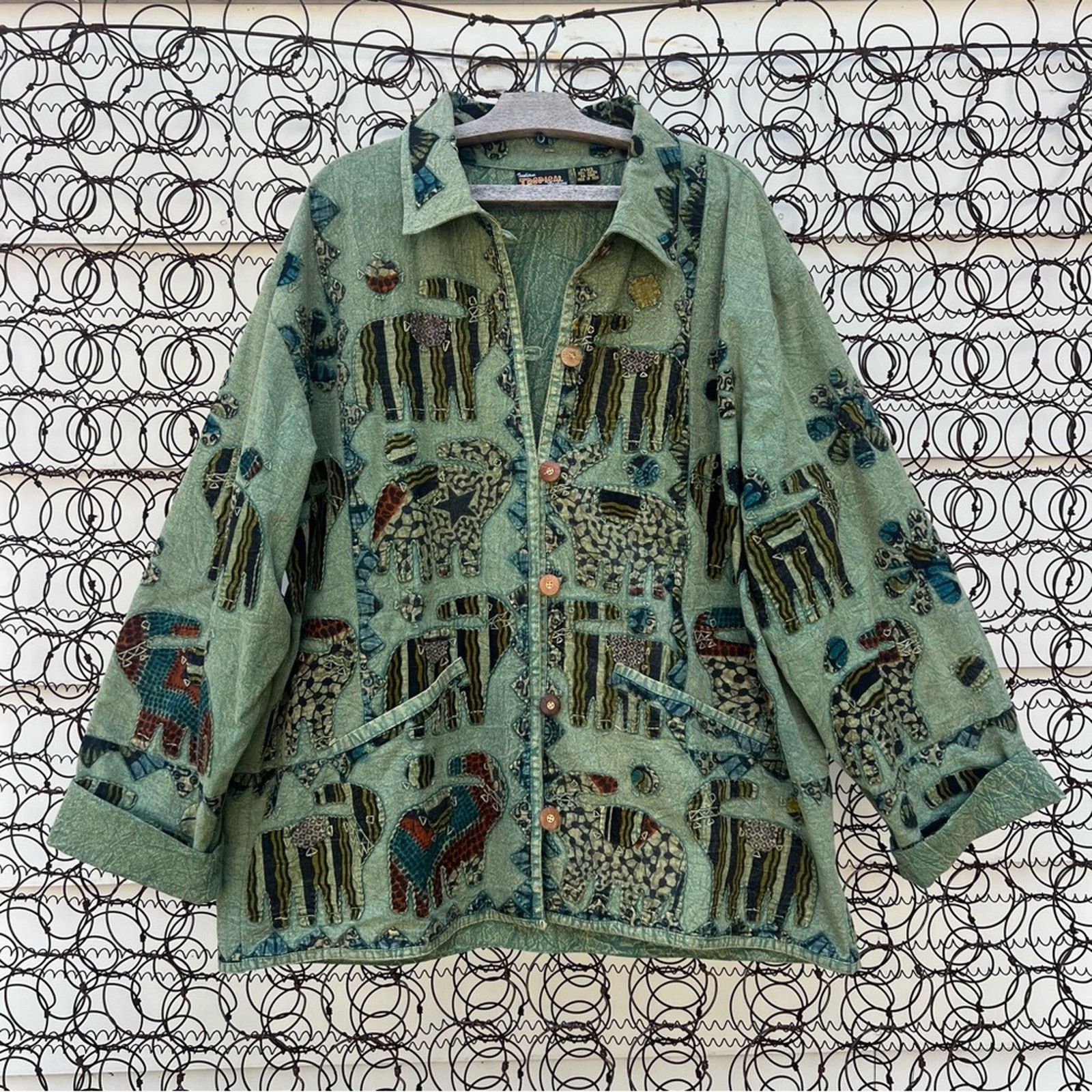 image of Vintage Vint Safari Tropic Boho Jacket Shacket Patch Quilt Appliqué in Green, Women's (Size 2XL)