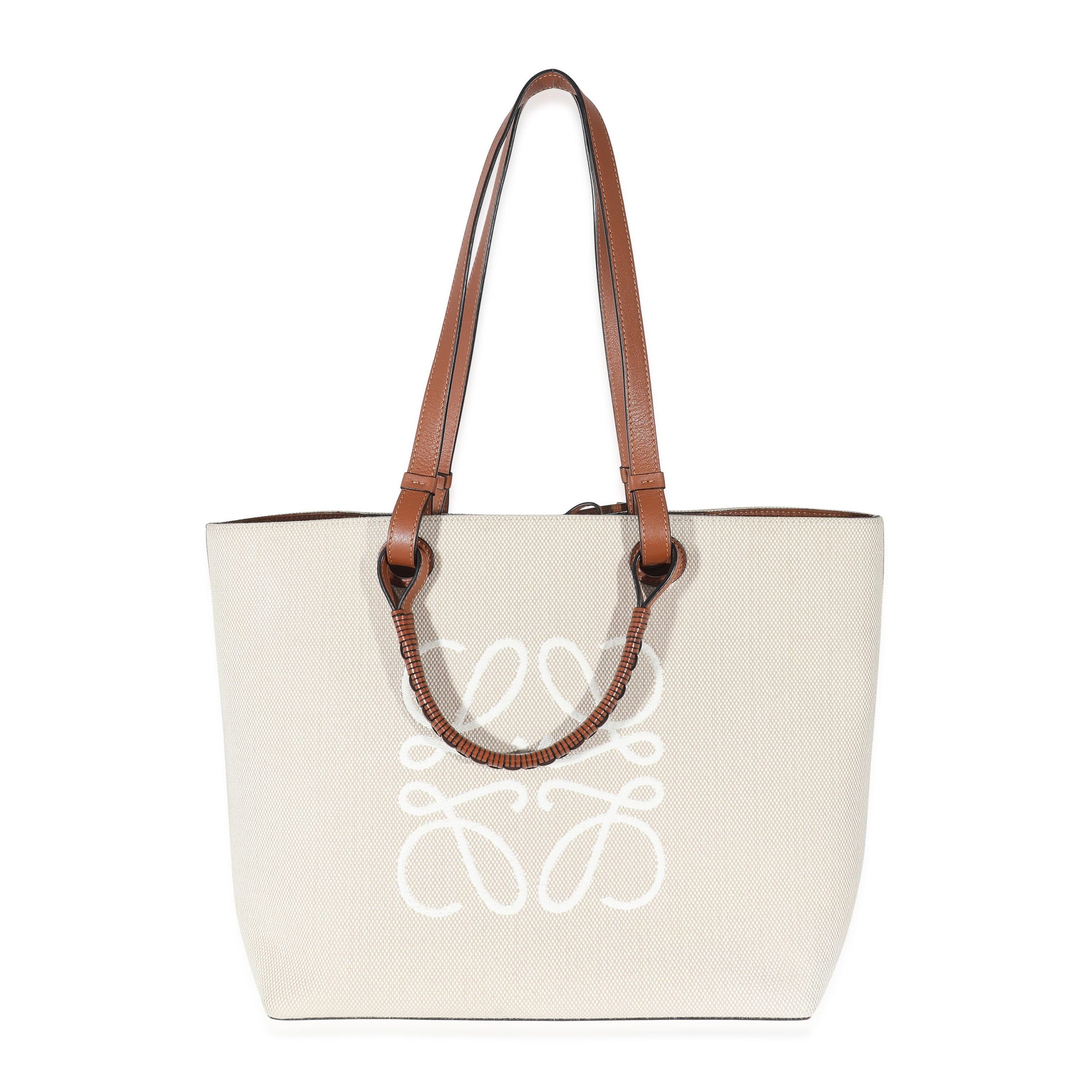 image of Loewe Tan Calfskin & Ecru Jacquard Medium Anagram Tote in Beige, Women's