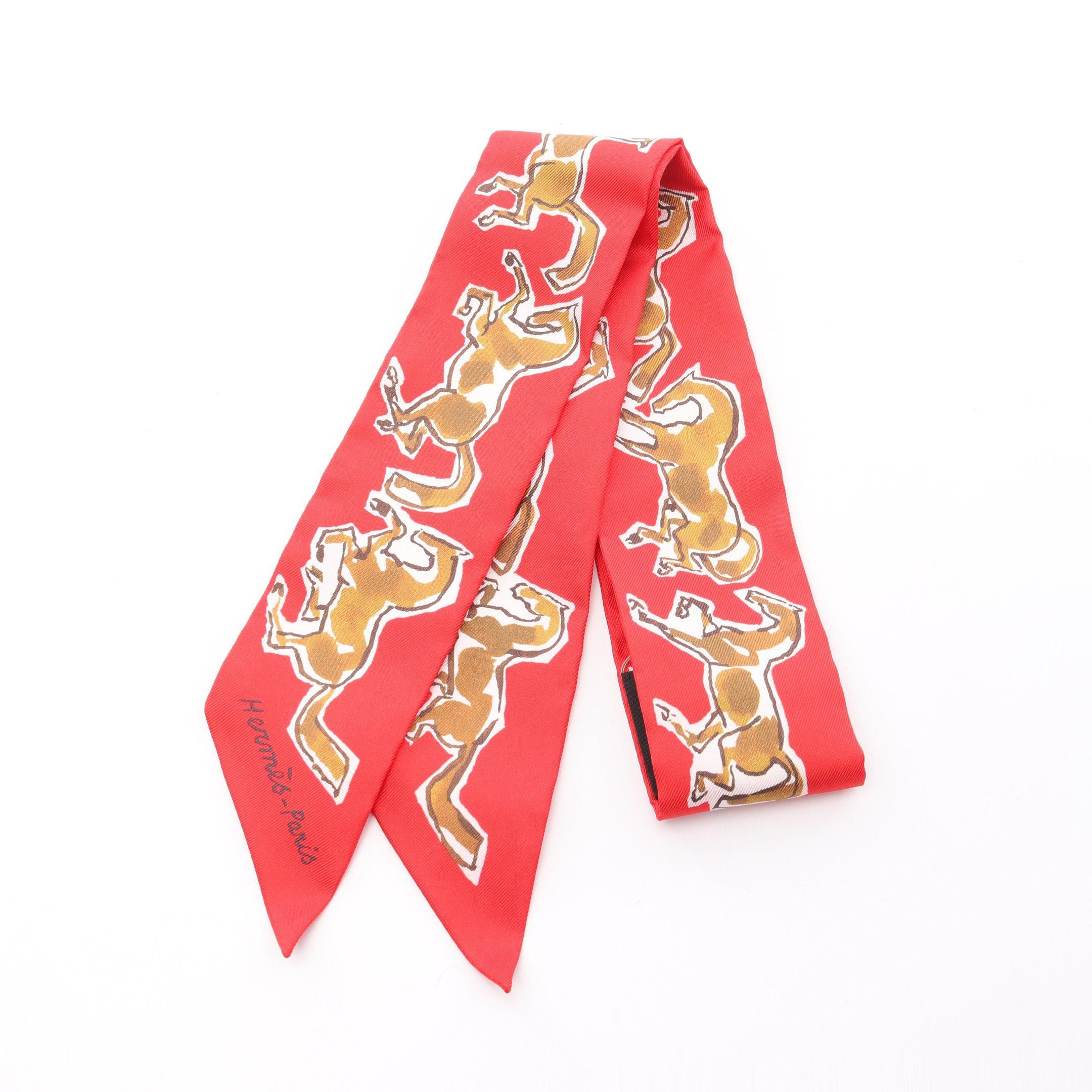 Hermes Hermes Twilly Chevaux En Liberte Ribbon Scarf Silk Red Size ONE SIZE - 1 Thumbnail