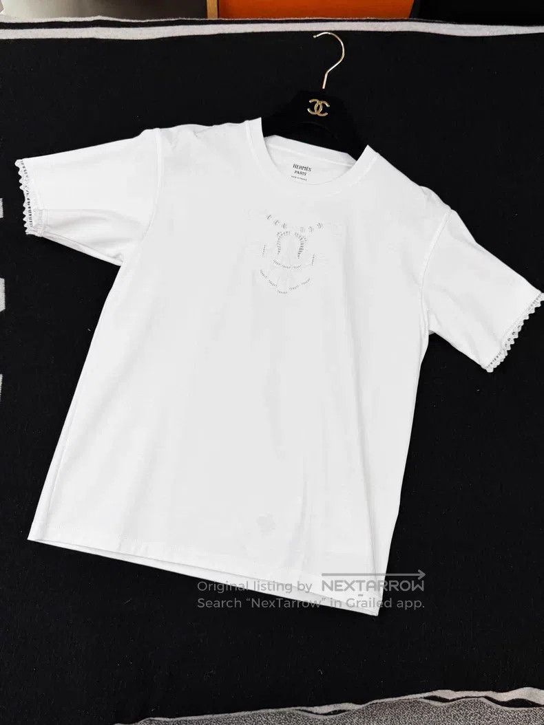 Hermes Hermes White Plain Knit Embroidered Short Sleeve T-Shirt Size XXS / US 00 / IT 34 - 1 Thumbnail
