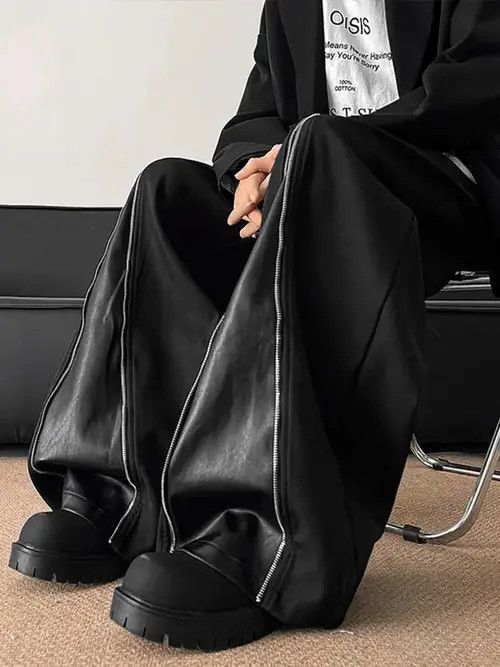 Jean Horiuchi x Aoi Black Wide-Leg Pants with Leather Accents Size US 32 / EU 48 - 4 Thumbnail