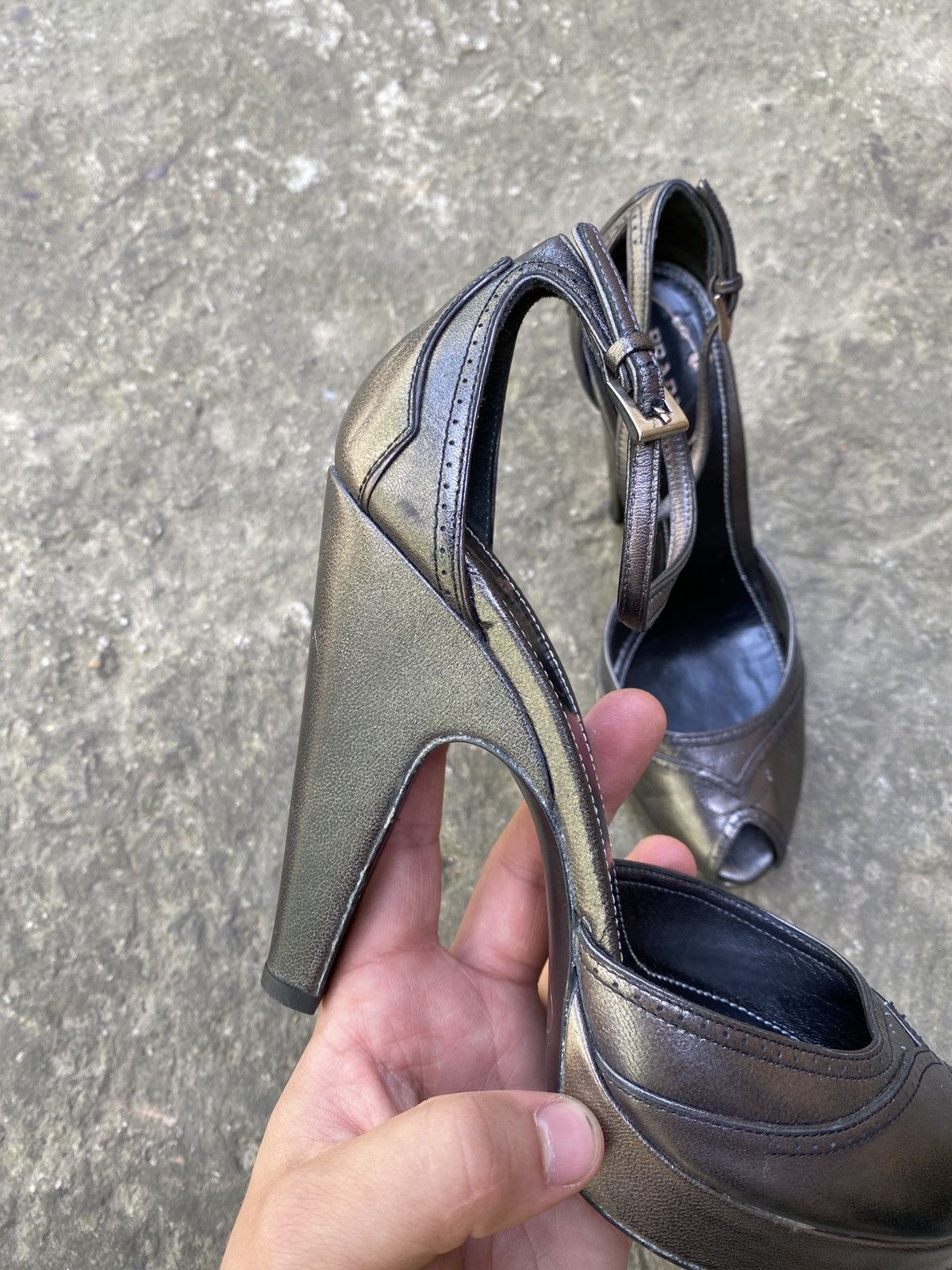 Prada Metallic Leather Peep Toe Platform Heels Ankle Strap