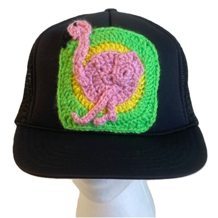 Handmade Trucker Hat w/ Crochet Flamingo Granny Square Style Adjustab Size ONE SIZE - 1 Thumbnail
