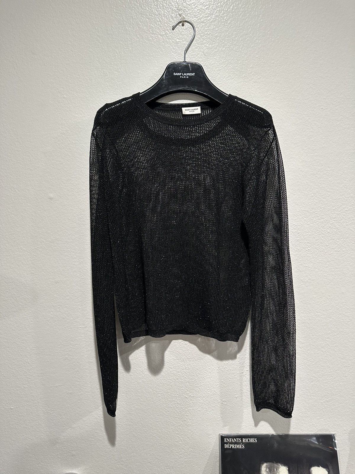 image of Saint Laurent Paris Metallic Sheer Mesh Knit Longsleeve in Black, Men's (Size Medium)