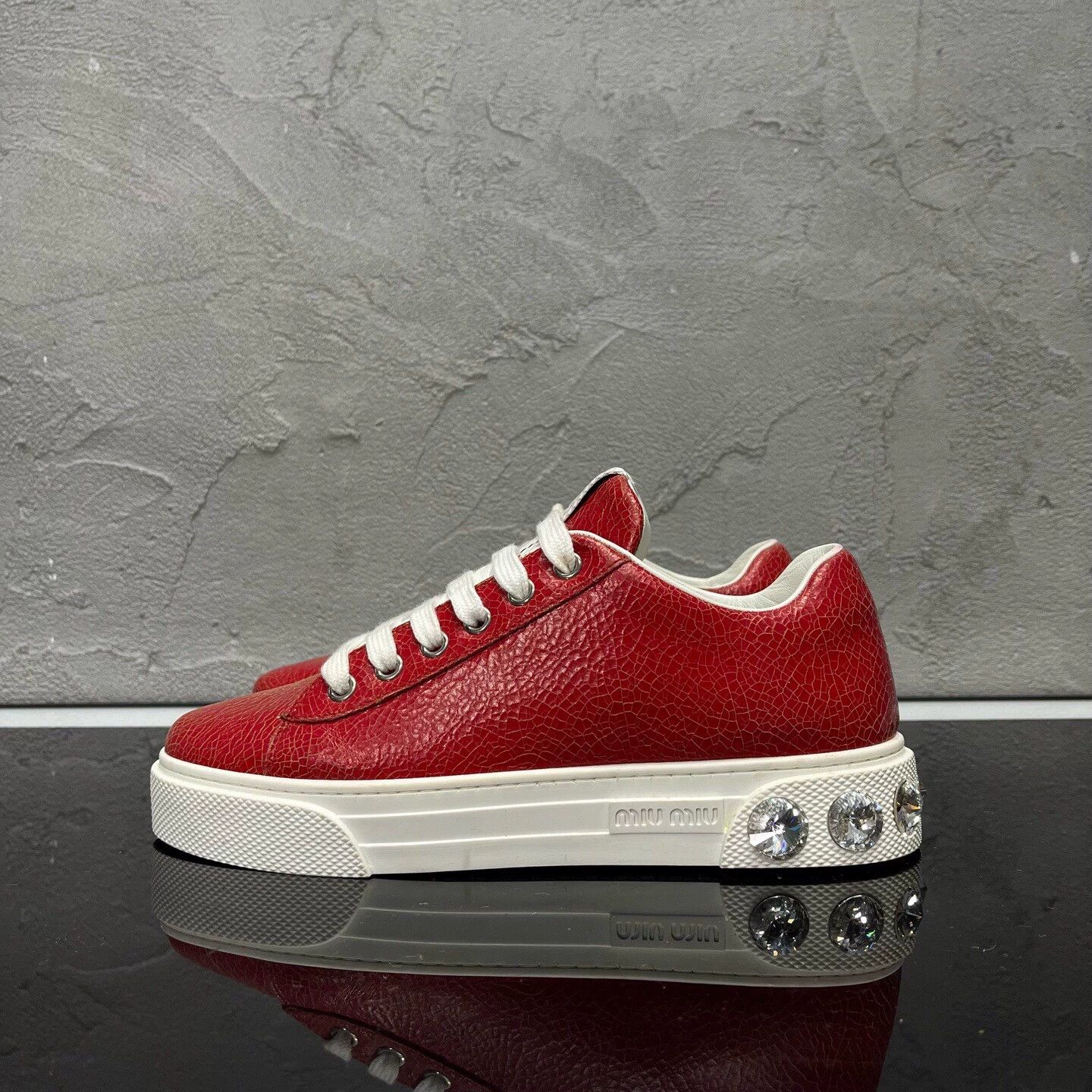Miu Miu MIUMIU Red Cracked Leather Crystal Sneakers EUR 36 Size US 5 / IT 35 - 4 Thumbnail