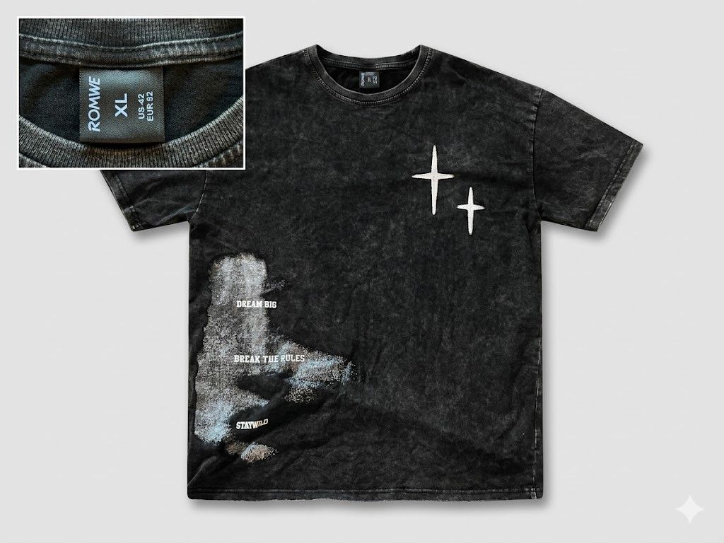 Other ROMWE Black Acid Wash Washed Graphic T-Shirt Cross Design Size US XL / EU 56 / 4 - 1 Thumbnail