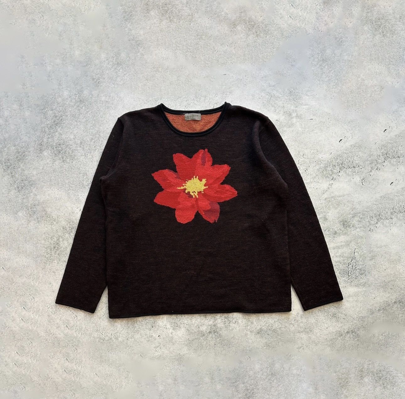 Image of Yohji Yamamoto Aw14 Flower Intarsia Knit Sweater in Black, Men's (Size Large)