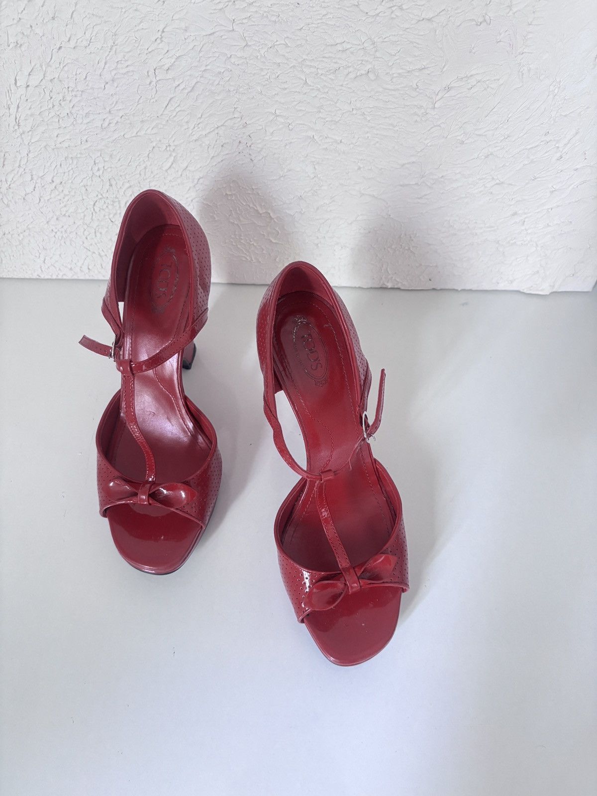 Tod's TODS Polka Dot Patent Leather Red Wedge Sandals, T- Strap Size US 7 / IT 37 - 2 Thumbnail