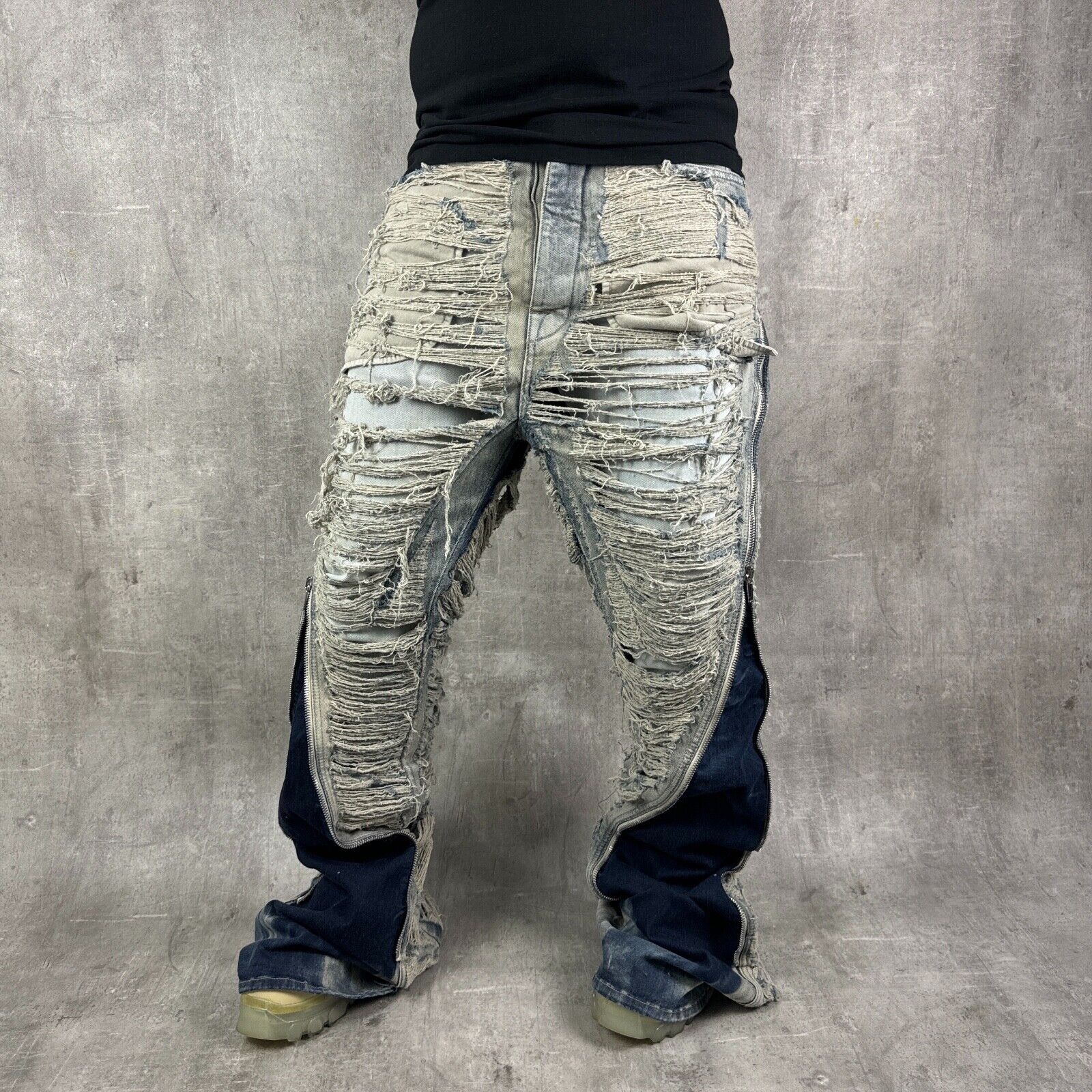 image of Rick Owens Shredded Hustler Bolan Banana Zip Denim Jeans in Blue, Men's (Size 30)