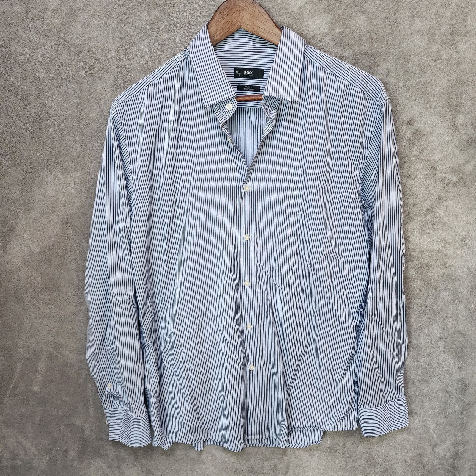 Hugo Boss Hugo Boss Blue White Striped Button-Up 16.5 Slim Fit Size US L / EU 52-54 / 3 - 1 Thumbnail