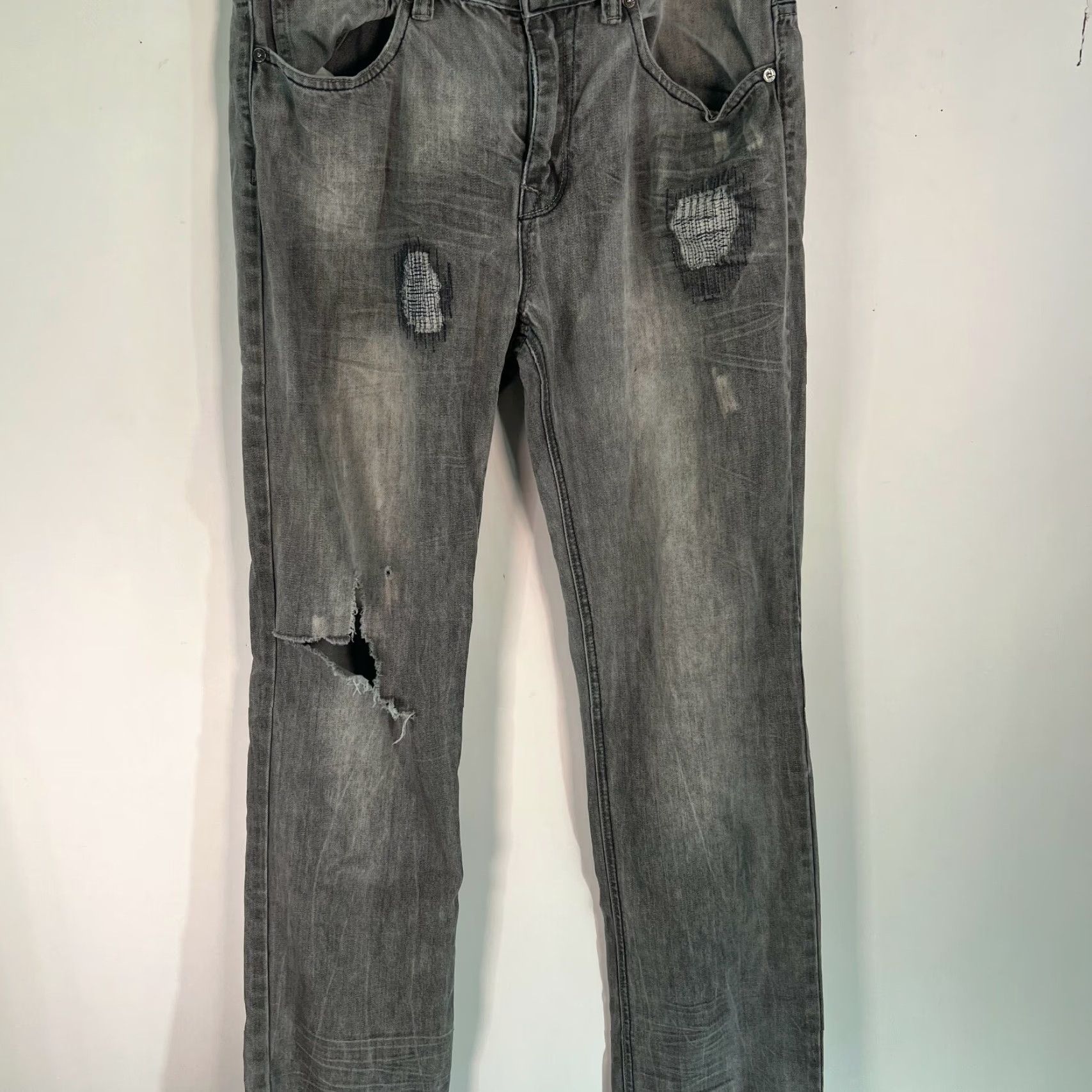 Denime Black Premium Mens Relaxed Fit Straight Distressed Gray Denim Jeans Size 32/34 - 5-Pocket Belt Loops Button Closure Denim Jeans Gray Mens Regular XS? Size US 34 / EU 50 - 2 Thumbnail