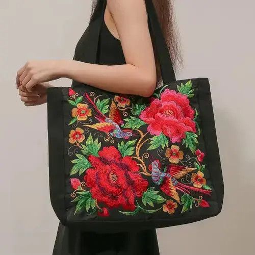 Red Phoenix Embroidered Women Canvas Shoulder Bag in Black