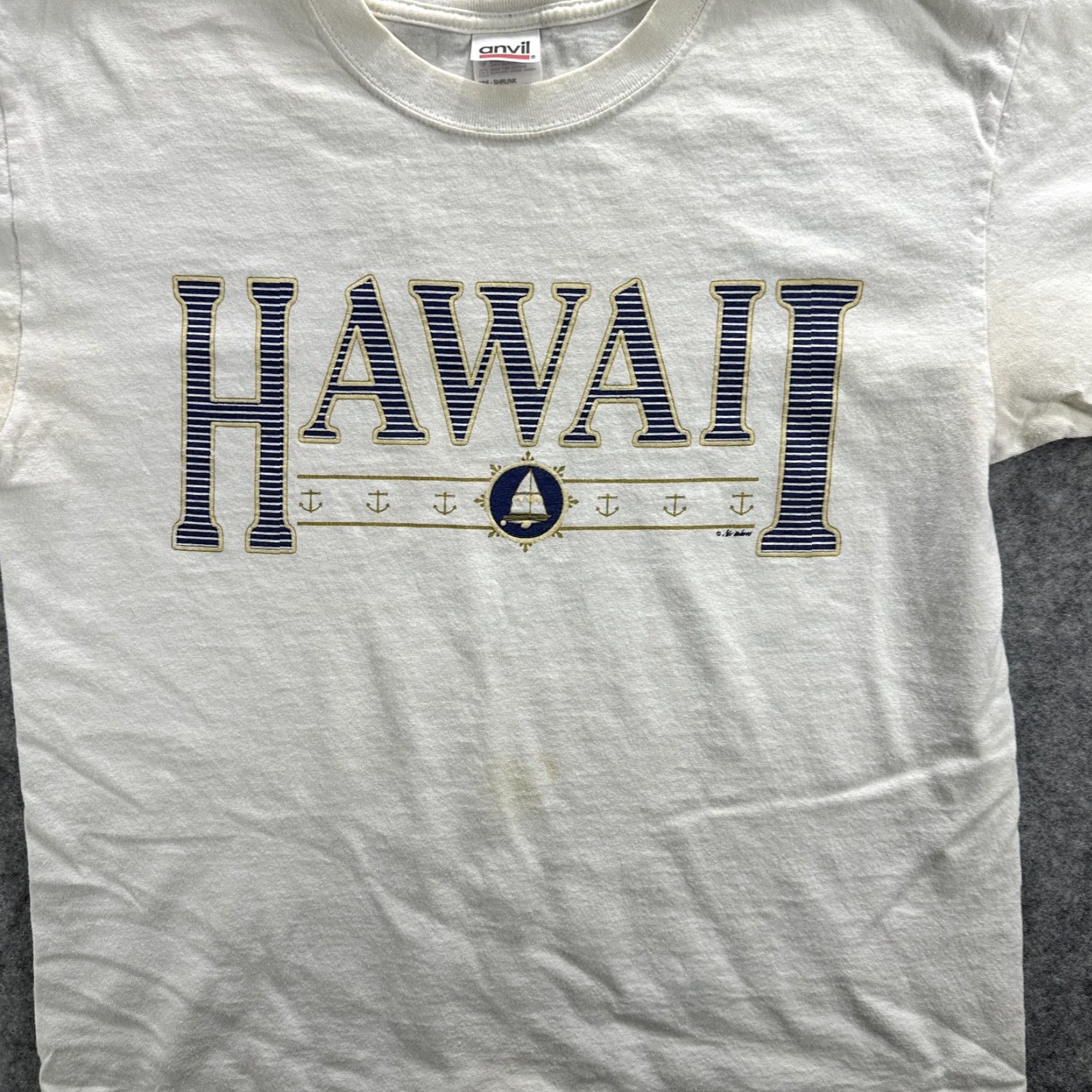 Anvil VINTAGE Hawaii Shirt Mens Medium T-Shirt Sailboat Graphic 90s Souvenir Anvil White Crew Neck Short Sleeve Mens Size US M / EU 48-50 / 2 - 3 Thumbnail