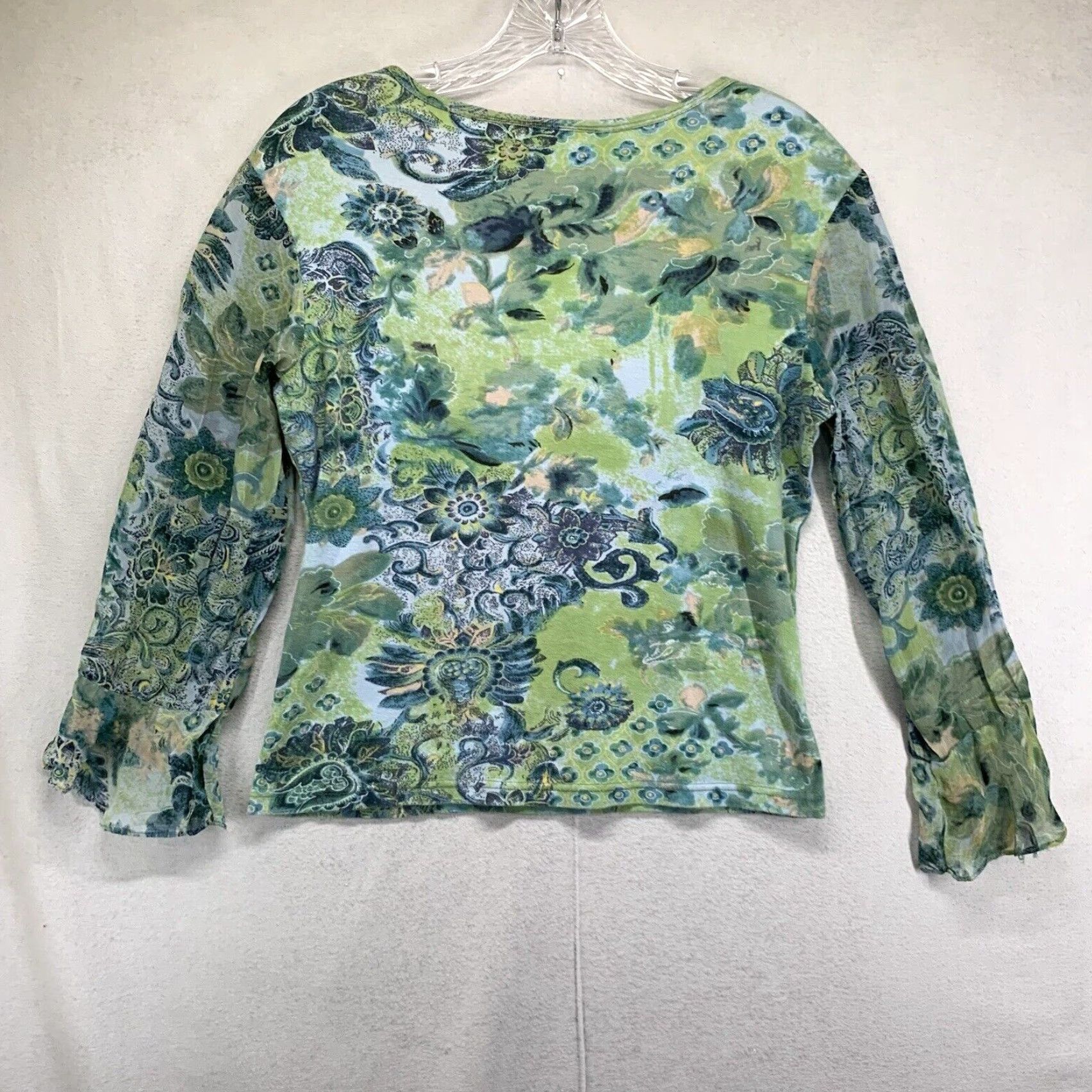 Vintage VINTAGE Dressbarn Women's Crop Top Floral Green Size M Sheer Bell Sleeves Sequin Casual Size M / US 6-8 / IT 42-44 - 2 Thumbnail