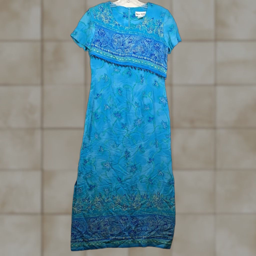 Vintage Vintage Nicole Studio Women's Dress 70s 80s Beaded Blue Rayon Size 6 Sheath Made in USA Size M / US 6-8 / IT 42-44 - 1 Thumbnail