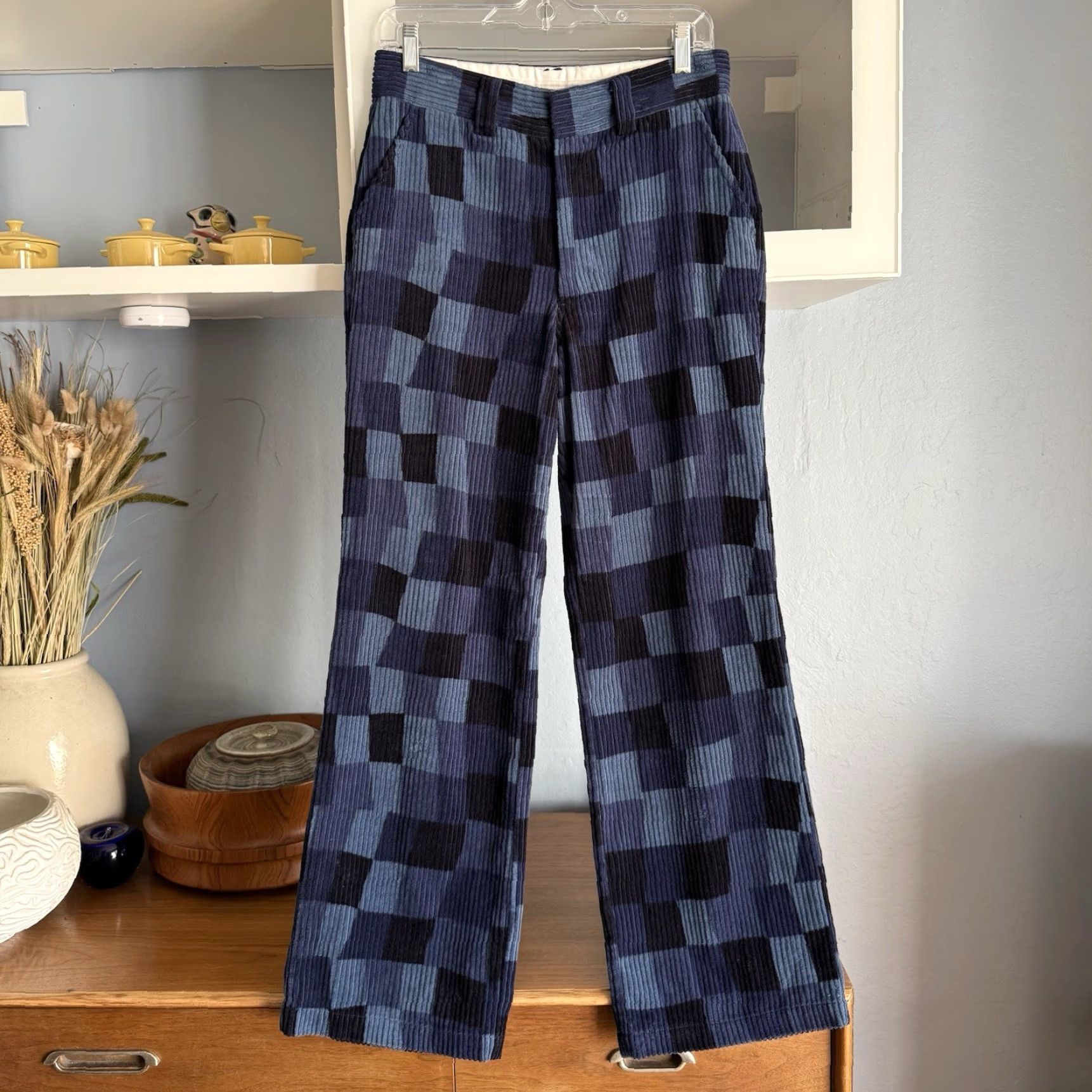 Vintage VINTAGE Stussy Pants Wide-Leg Bohemian Retro Checkered Corduroy Blue Sz 5 Women's Cotton Pockets Size 27" / US 4 / IT 40 - 2 Thumbnail