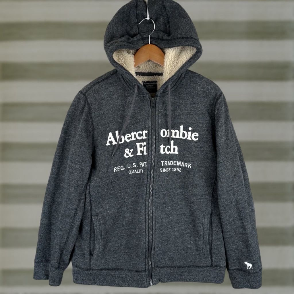 Abercrombie & Fitch VINTAGE Abercrombie & Fitch Hoodie Mens Medium Gray Sherpa Lined Spellout Jacket Y2K Size US M / EU 48-50 / 2 - 1 Thumbnail