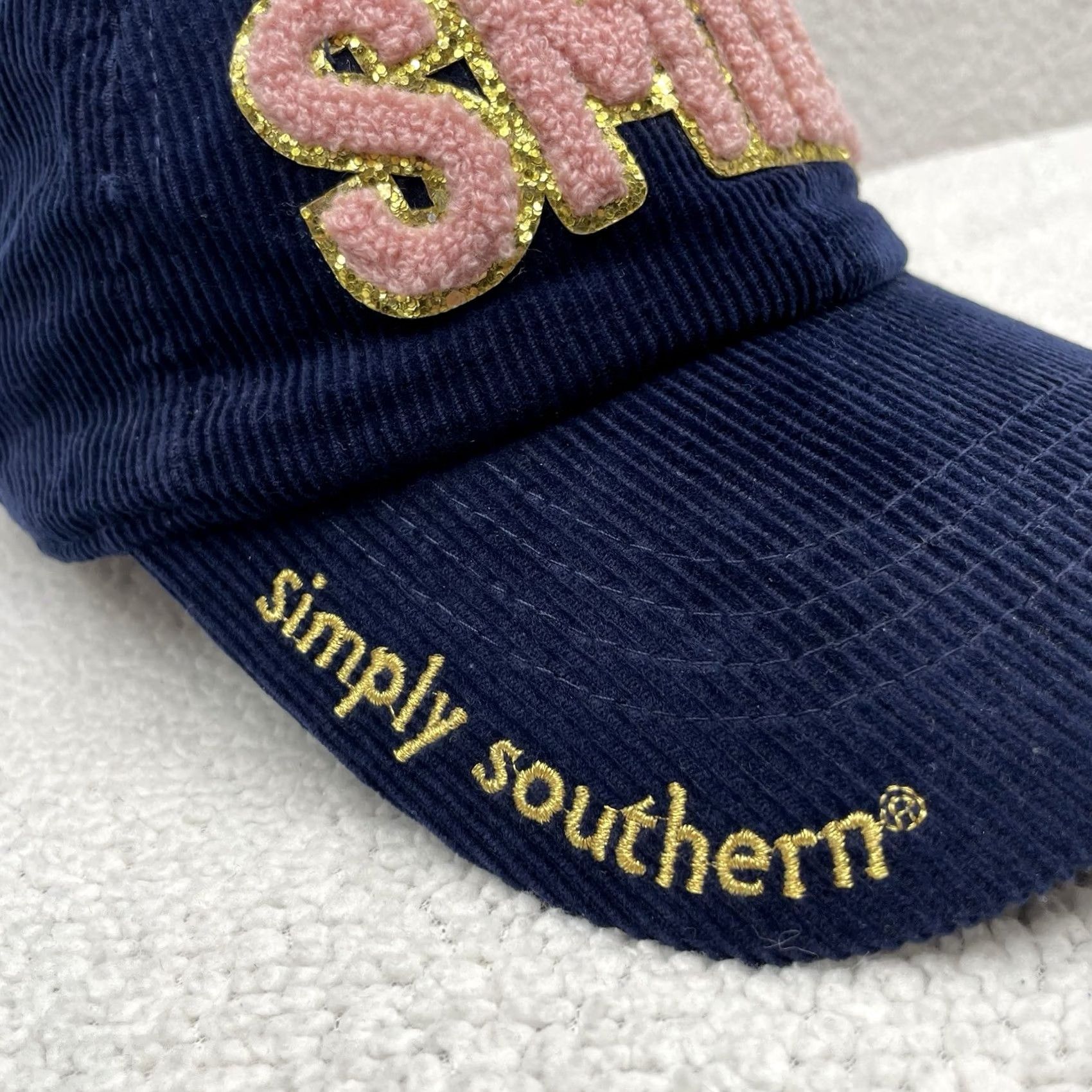 Vintage Simply Southern Corduroy Hat Womens Navy Blue SMILE Chenille Sequins Preppy Cute Hat Size ONE SIZE - 2 Thumbnail