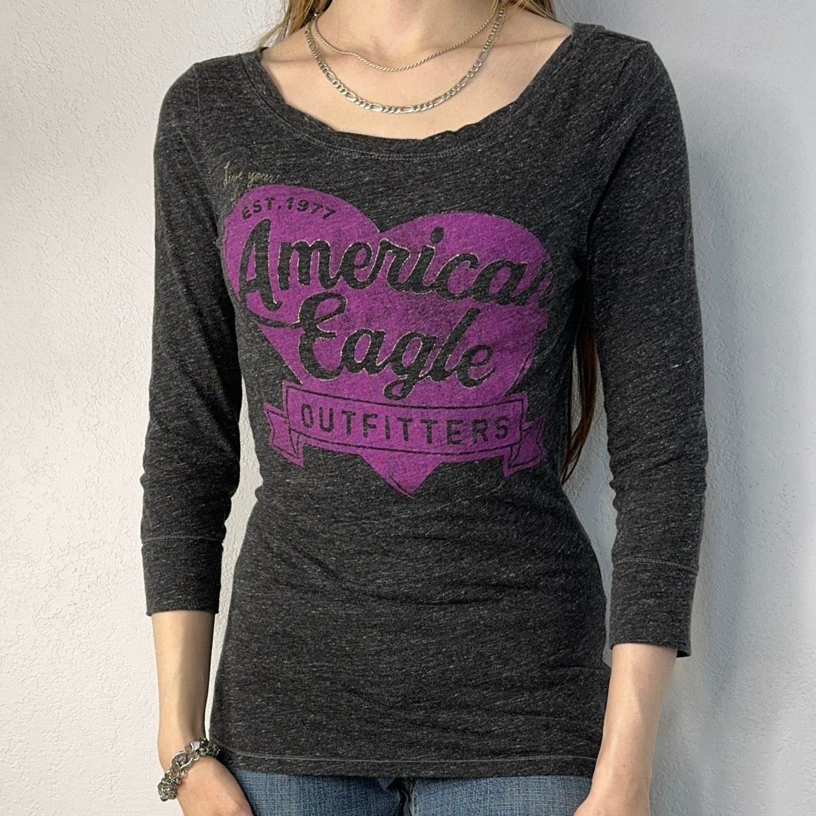 American Eagle Outfitters American Eagle Heart Fitted Shirt Gray 3/4 Sleeves Medium Size M / US 6-8 / IT 42-44 - 3 Thumbnail