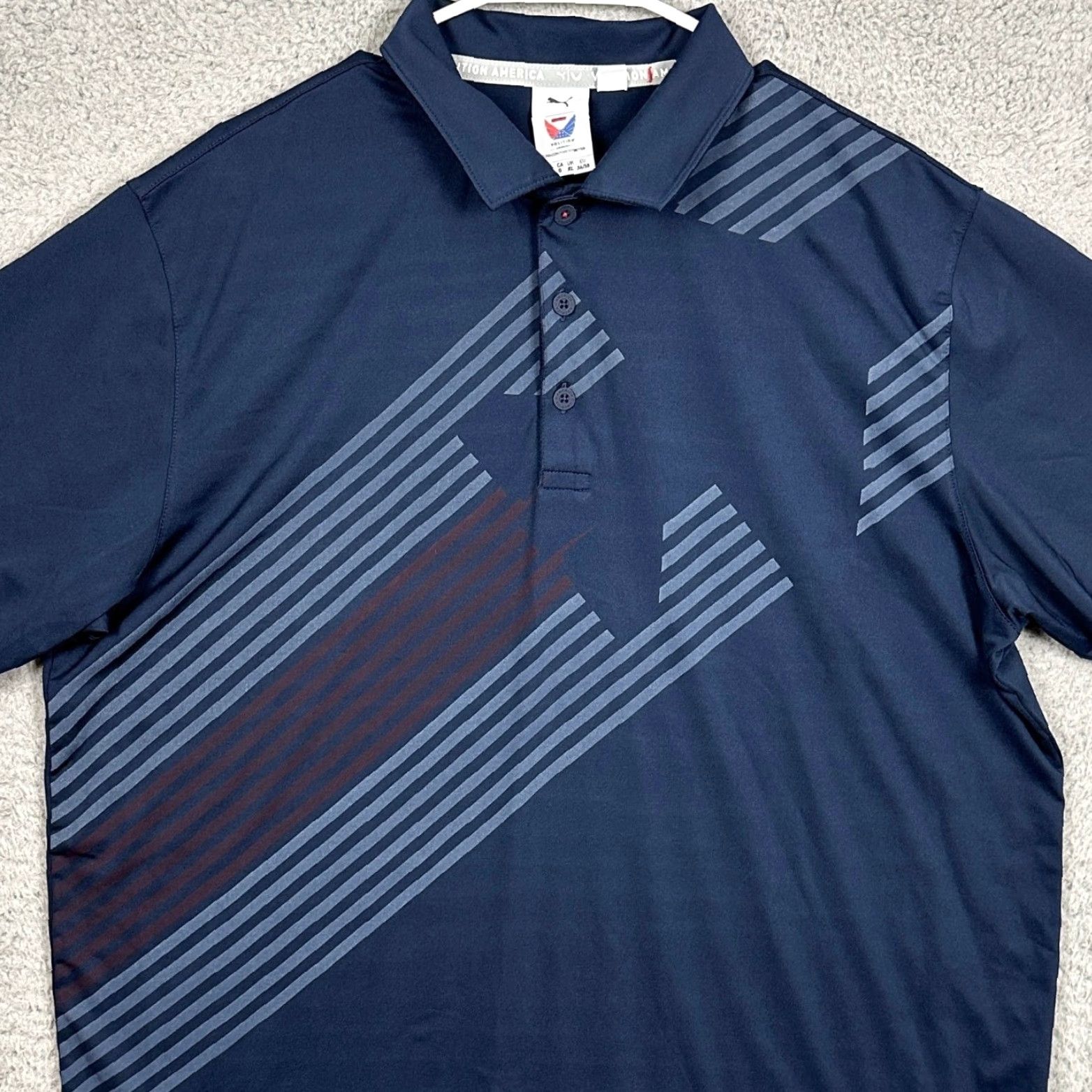 Puma Puma Volition America Mens Large Shirt Golf Polo Navy Blue Striped Polo Athletic Shirt Collared Short Sleeve Performance Polo Menswear Sportswear EUC Size US L / EU 52-54 / 3 - 2 Thumbnail
