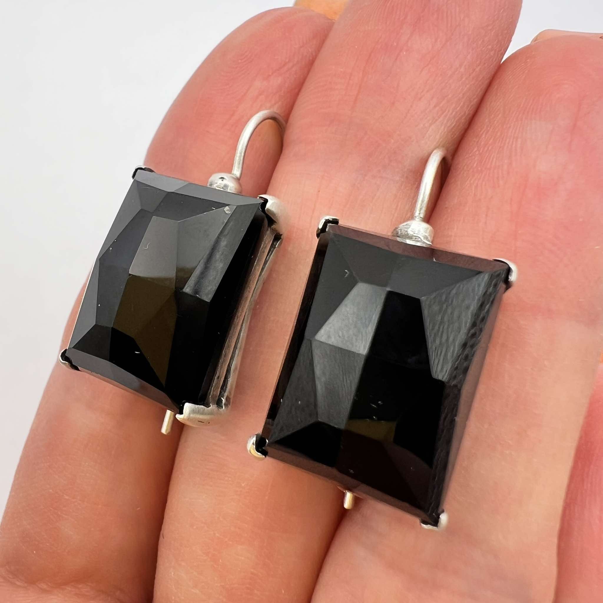 Vintage Sterling Silver 925 Vintage Stud Earrings Black Agate Stone Size ONE SIZE - 2 Thumbnail