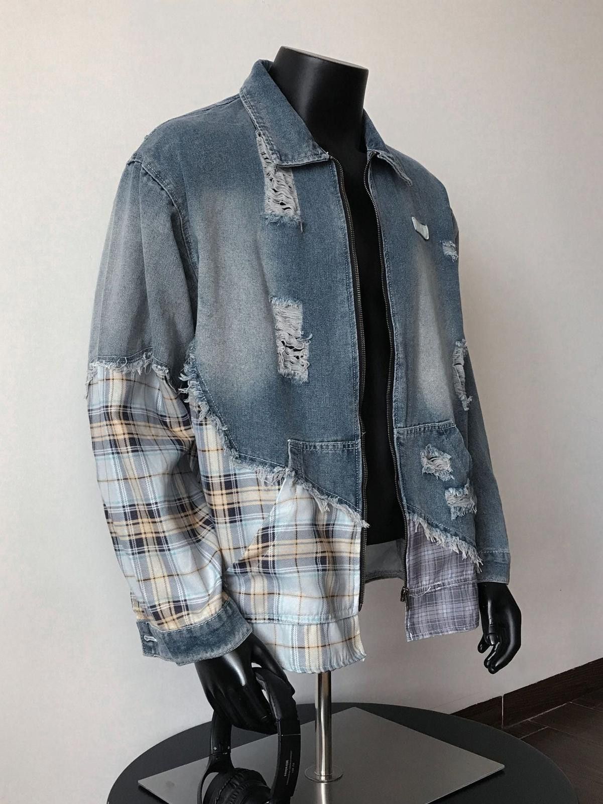Blue Distressed Plaid Patchwork Denim Jacket