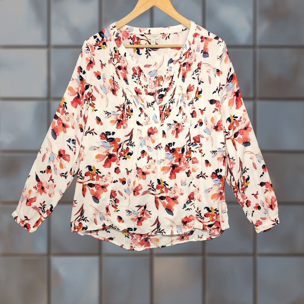 Lucky Brand Lucky Brand Top Womens Large White Red Floral Popover Ruched V Neck Lightweight Blouse Long Sleeve Size L / US 10 / IT 46 - 1 Thumbnail