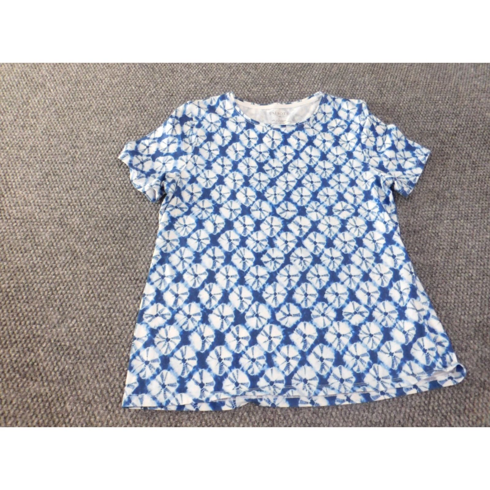 Talbots Talbots Blouse Shirt Casual Womens Cotton Spandex Geometric Short Sleeve Blue Large Round Neck Pullover Classic Stretch Size L / US 10 / IT 46 - 2 Thumbnail