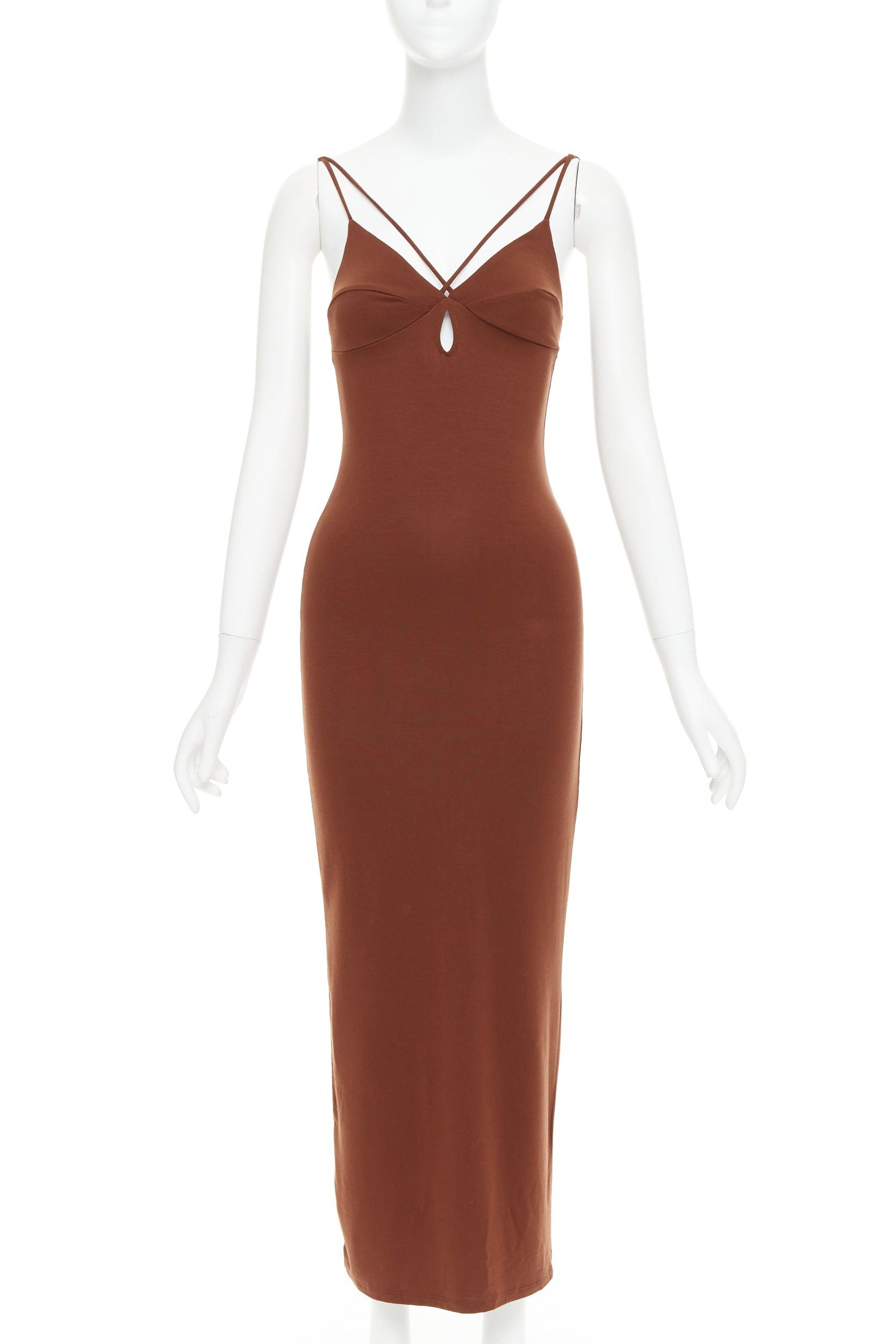 Reformation REFORMATION Lainey brown tencel blend elastic spaghetti strap keyhole bodycon midi dress XS Size S / US 4 / IT 40 - 1 Thumbnail