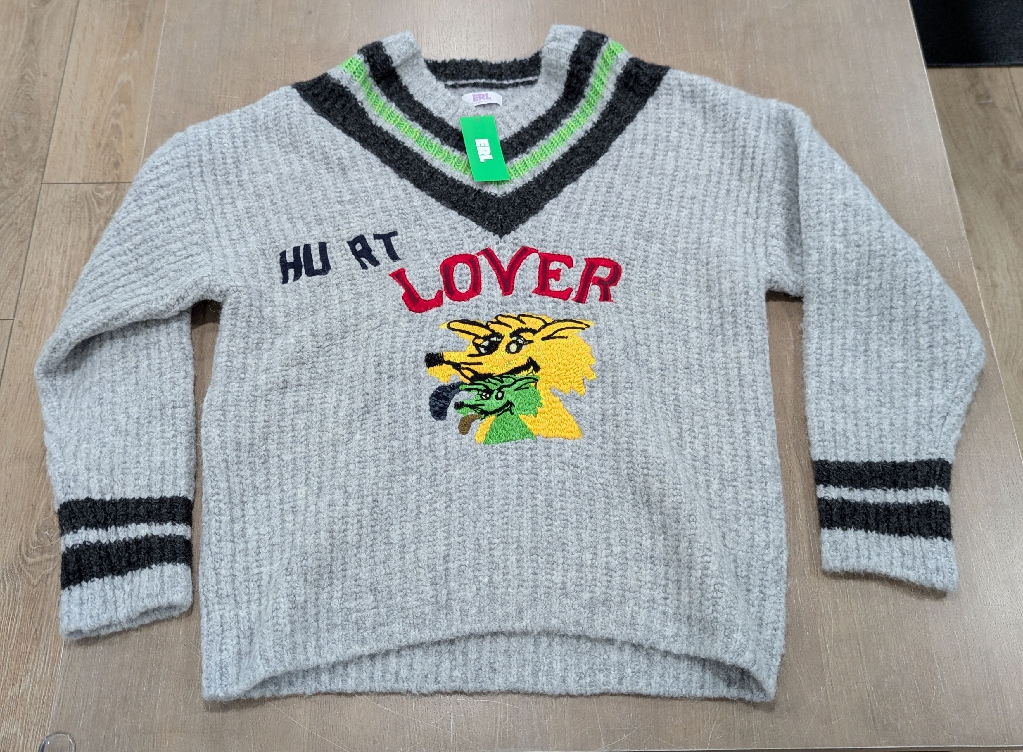 ERL ERL "Hurt Lover" Wool Blend V-Neck Sweater Gray Large Size US L / EU 52-54 / 3 - 1 Thumbnail