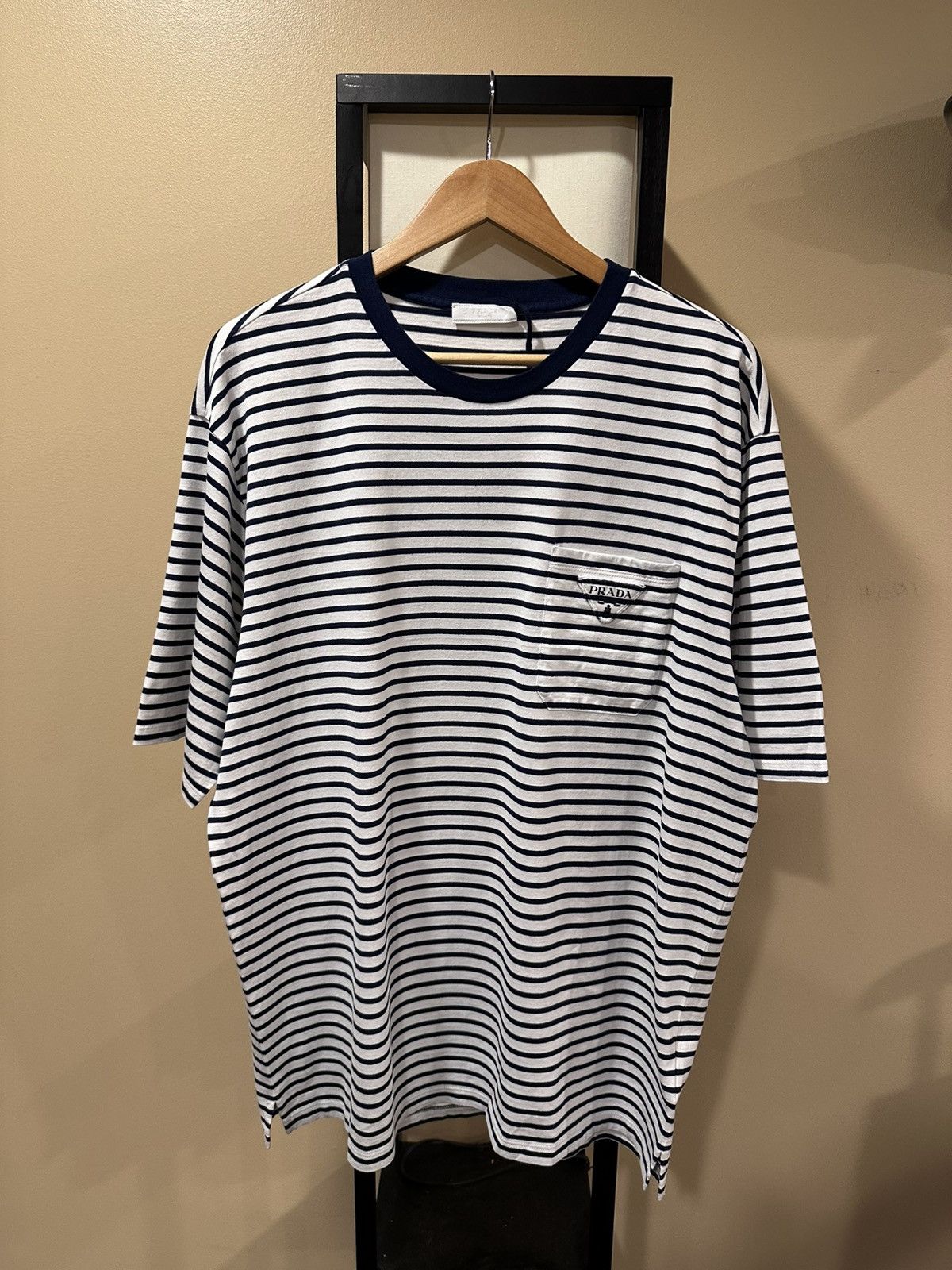 Prada Prada Striped Navy White Cotton Pocket Triangle Logo T-Shirt Size US XXL / EU 58 / 5 - 1 Thumbnail