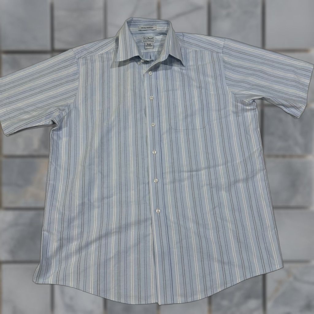 Vintage VINTAGE L.L. Bean Shirt Button-Up Striped Short Sleeve 100% Cotton Blue White Gray L Mens 90s Y2K Preppy Vintage Repair Size US L / EU 52-54 / 3 - 1 Thumbnail