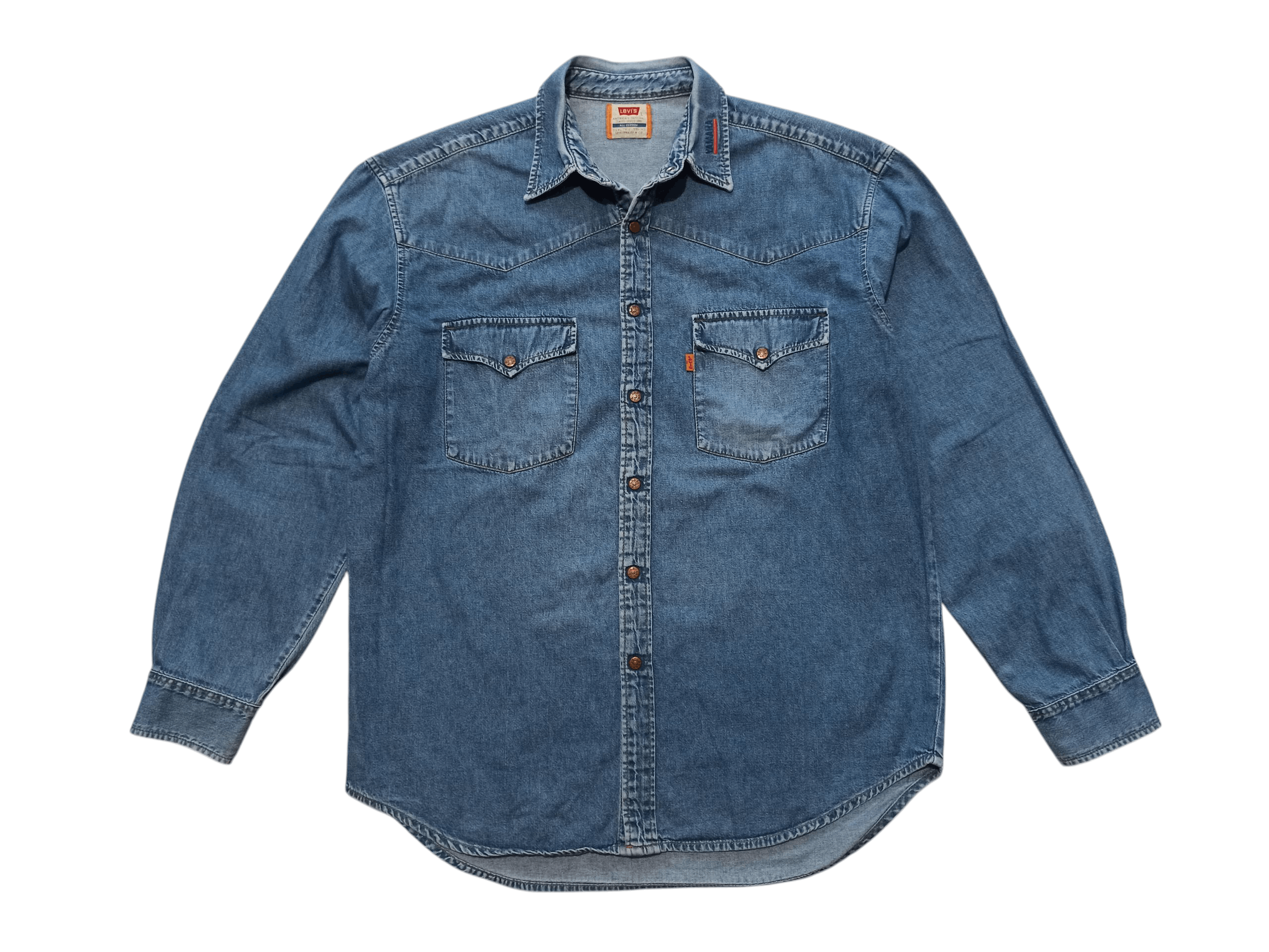 Levi's RARE Levi's x Yamaha 90s Promo Orange Tab Denim Shirt Size US L / EU 52-54 / 3 - 1 Thumbnail