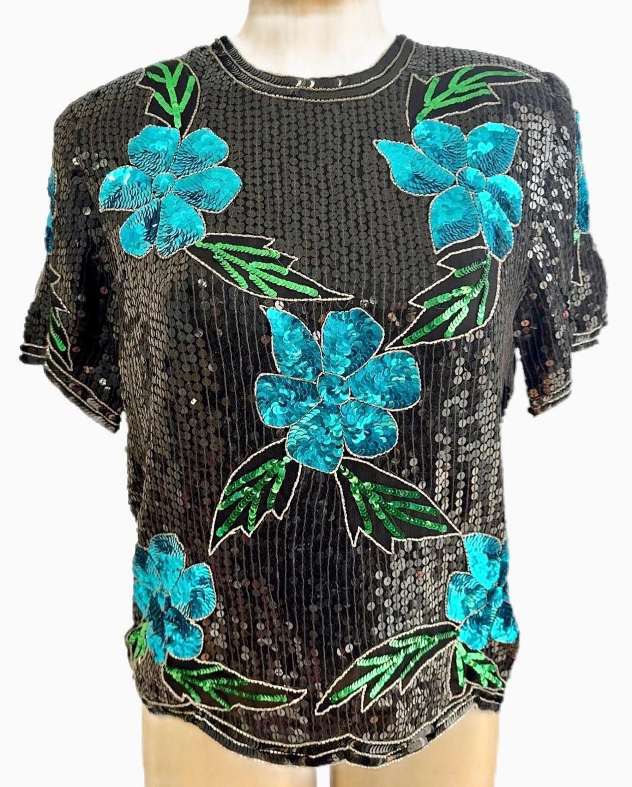 Other Sequin Top Black with Turquoise Flowers size 12 Size XL / US 12-14 / IT 48-50 - 2 Thumbnail