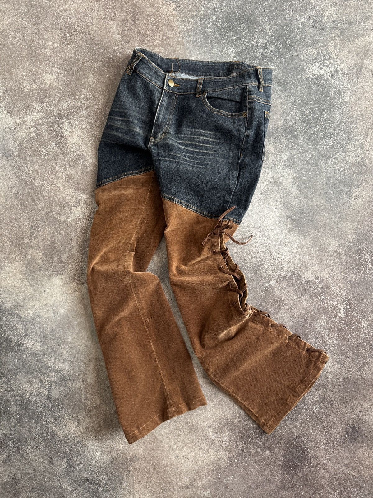 If Six Was Nine Avant-Garde Two-Tone Corduroy Hybrid Flare Lace Up Pants Size 27" / US 4 / IT 40 - 2 Thumbnail