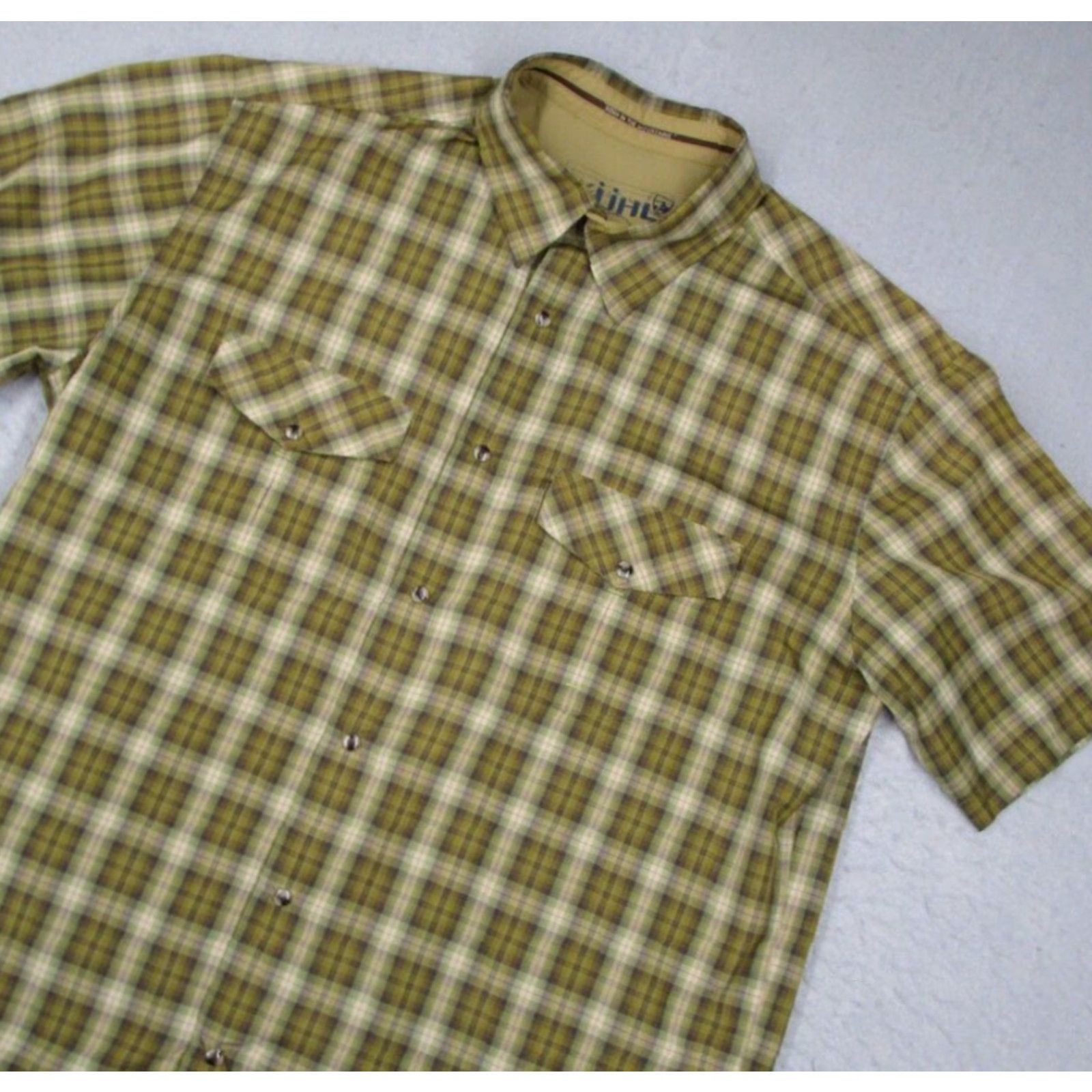 Vintage KUHL Shirt Men XL Green Plaid Short Sleeve Button-Up With Pearl Snaps, 100% Polyester, Knit, Classic Fit, Work, Casual, Travel, Skin-Free, India Size US XL / EU 56 / 4 - 2 Thumbnail